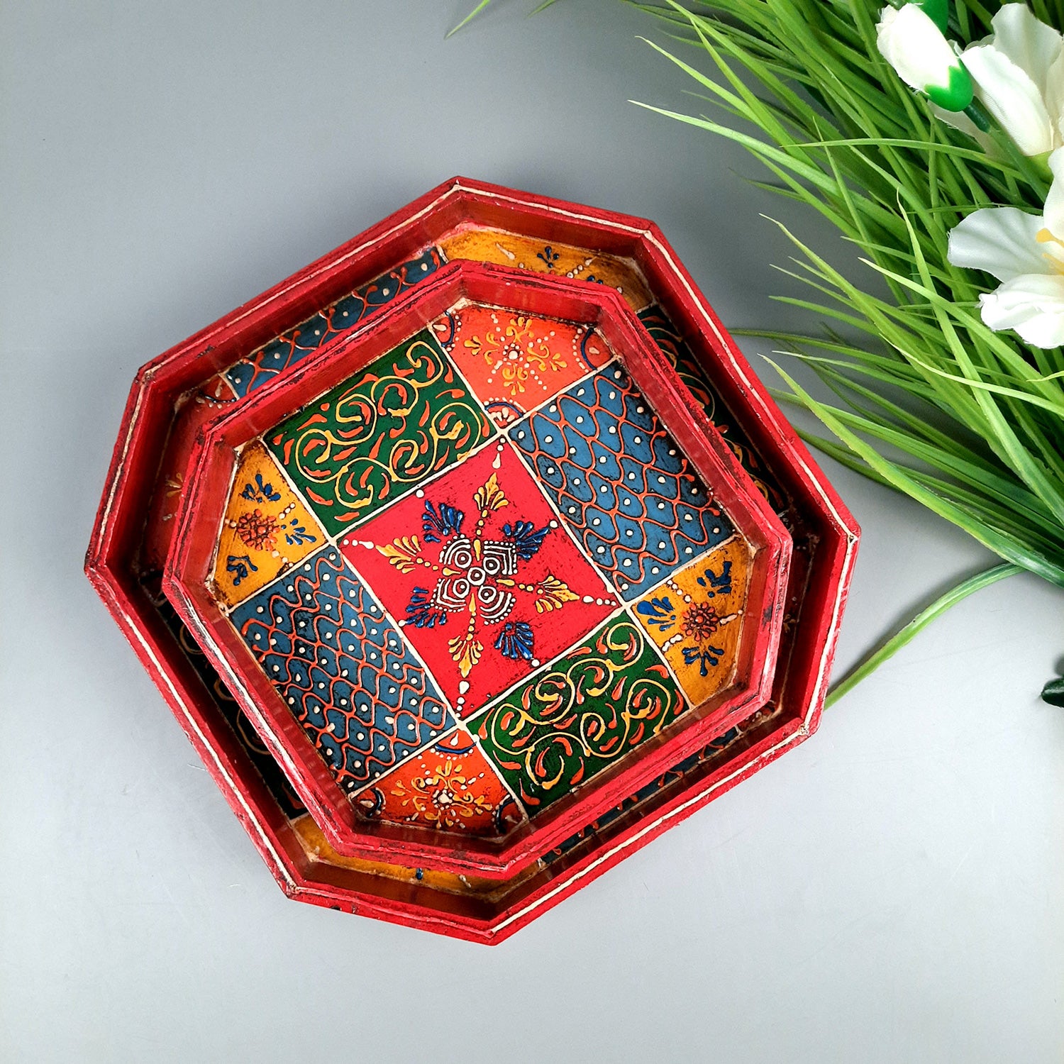 Serving Tray & Platters | Wooden Trays With Handle - For Home, Dining Table Organization, Kitchen & Gifts | Wedding & Housewarming Gift - Set of 2 (9 Inch & 8 Inch) - Apkamart