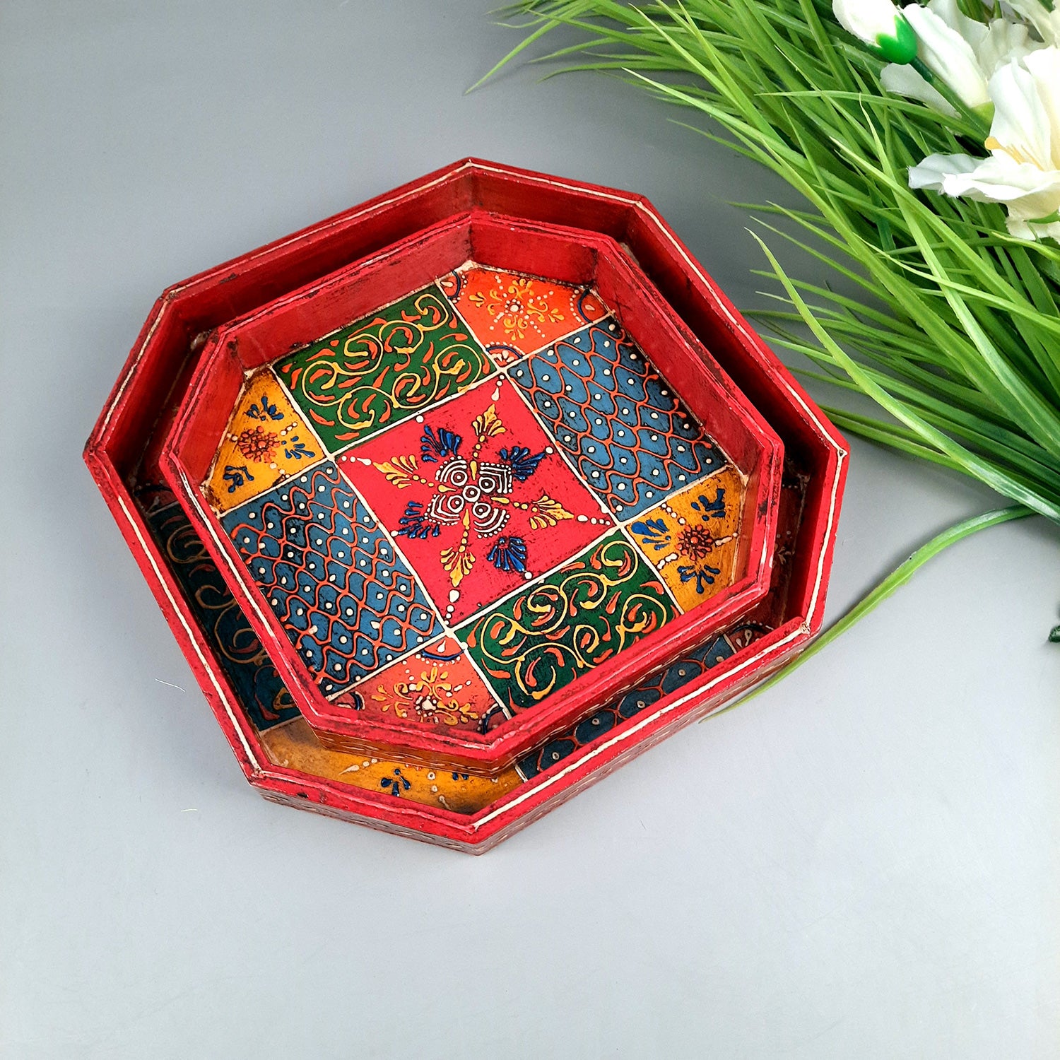 Serving Tray & Platters | Wooden Trays With Handle - For Home, Dining Table Organization, Kitchen & Gifts | Wedding & Housewarming Gift - Set of 2 (9 Inch & 8 Inch) - Apkamart