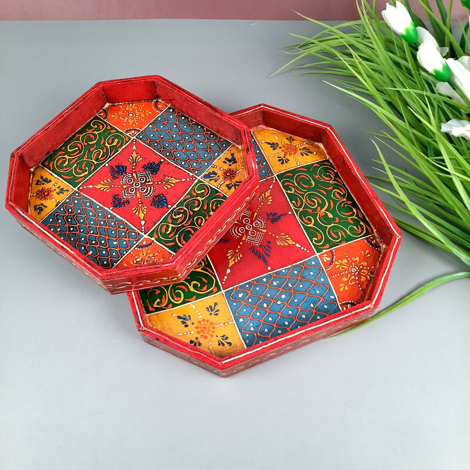 Serving Tray & Platters | Wooden Trays With Handle - For Home, Dining Table Organization, Kitchen & Gifts | Wedding & Housewarming Gift - Set of 2 (9 Inch & 8 Inch) - Apkamart