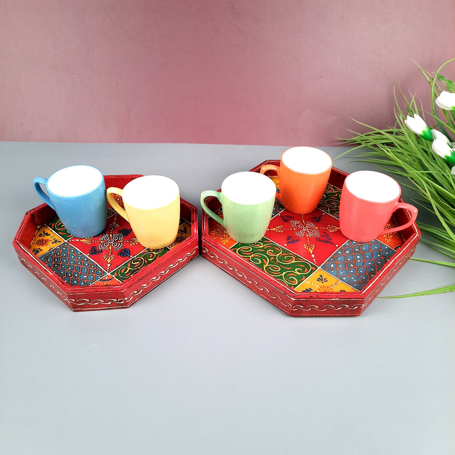 Serving Tray & Platters | Wooden Trays With Handle - For Home, Dining Table Organization, Kitchen & Gifts | Wedding & Housewarming Gift - Set of 2 (9 Inch & 8 Inch) - Apkamart