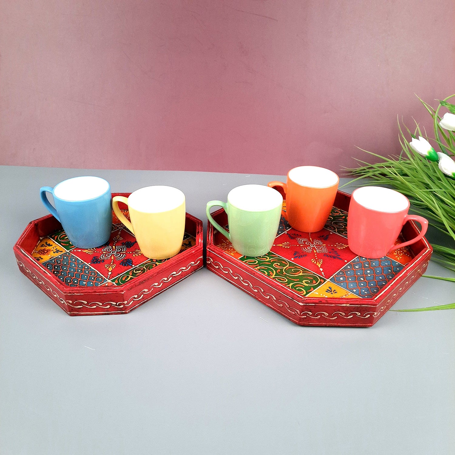 Serving Tray & Platters | Wooden Trays With Handle - For Home, Dining Table Organization, Kitchen & Gifts | Wedding & Housewarming Gift - Set of 2 (9 Inch & 8 Inch) - Apkamart