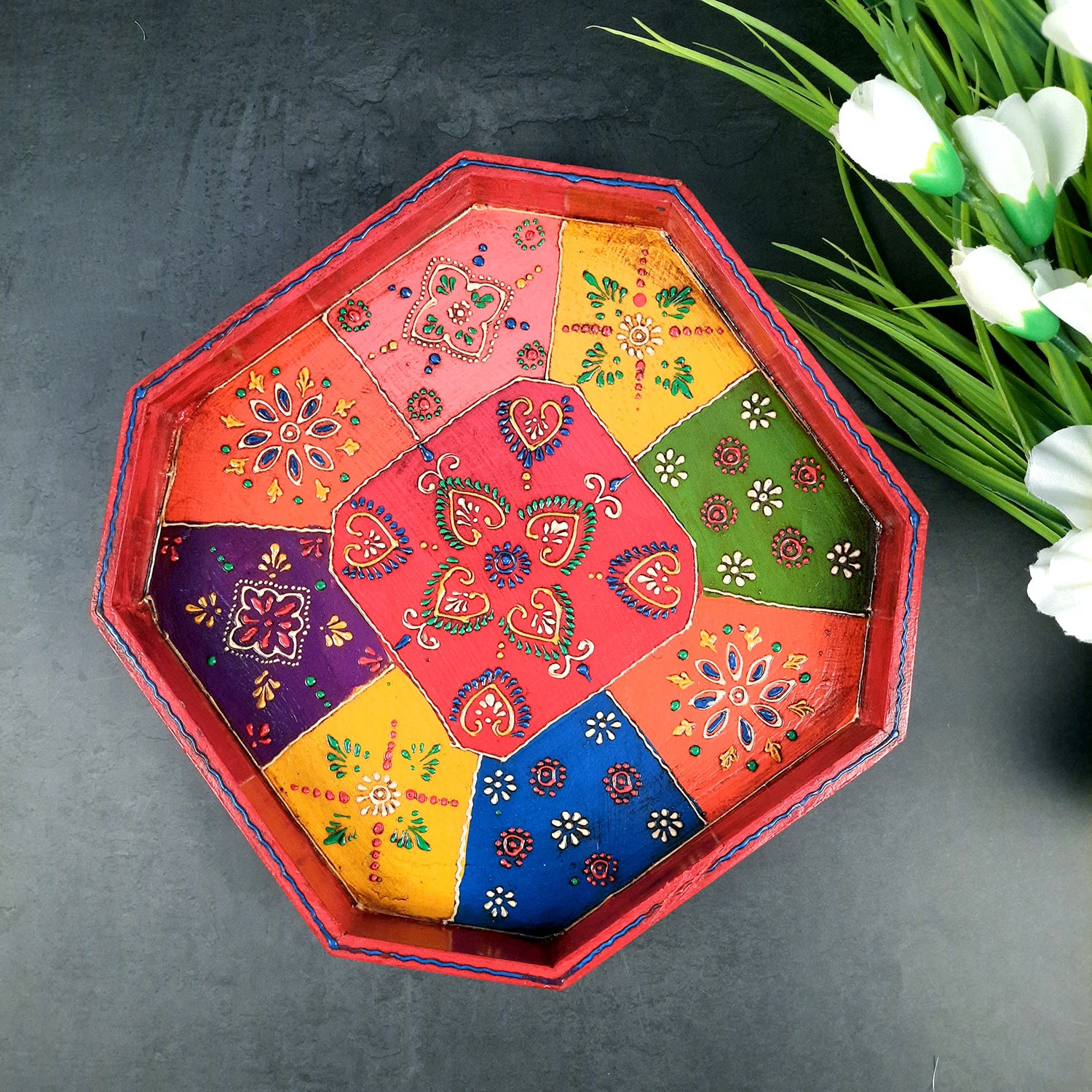 Tray Wooden | Tea & Snacks Serving Platter | Decorative Handcrafted Trays - for Home, Dining Table, Kitchen Decor | Wedding & Housewarming Gift - Apkamart