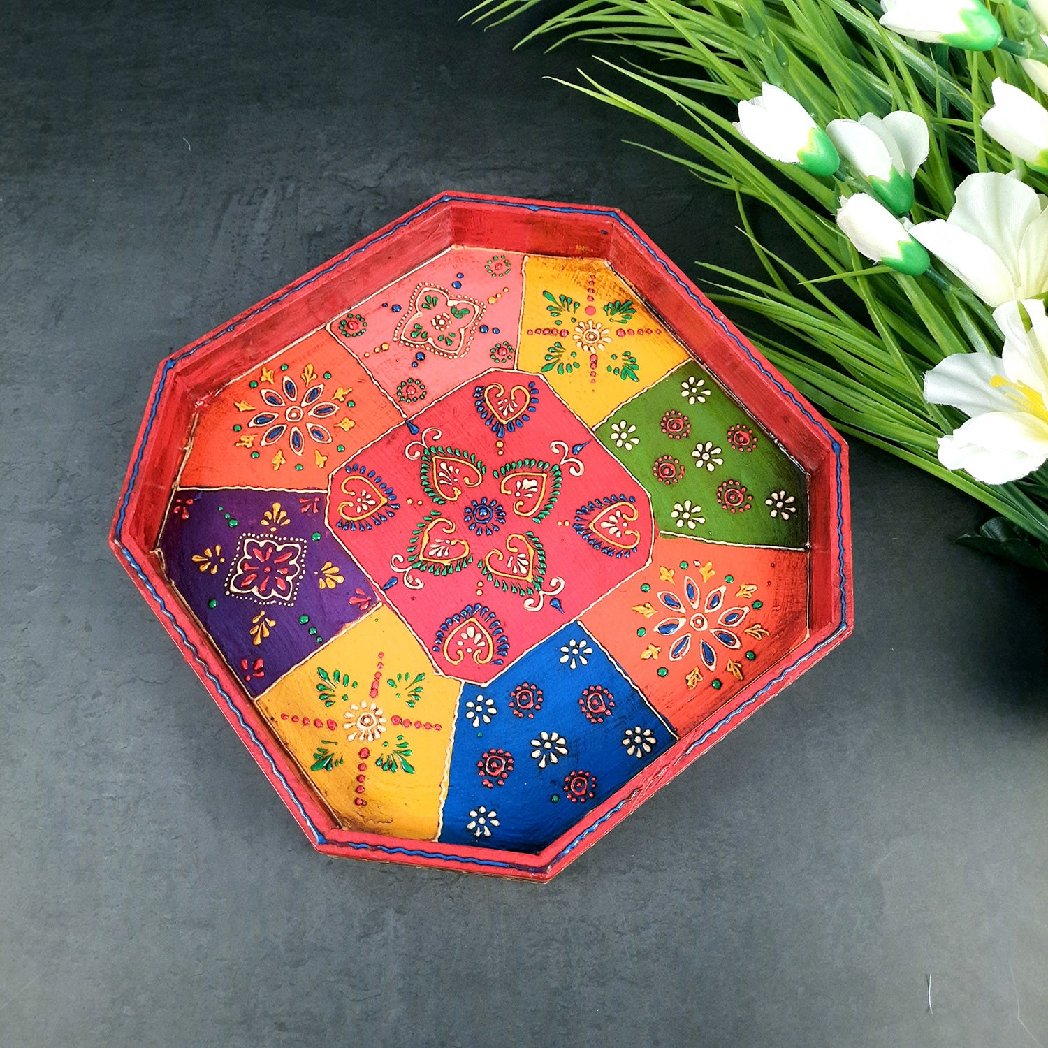 Tray Wooden | Tea & Snacks Serving Platter | Decorative Handcrafted Trays - for Home, Dining Table, Kitchen Decor | Wedding & Housewarming Gift - Apkamart