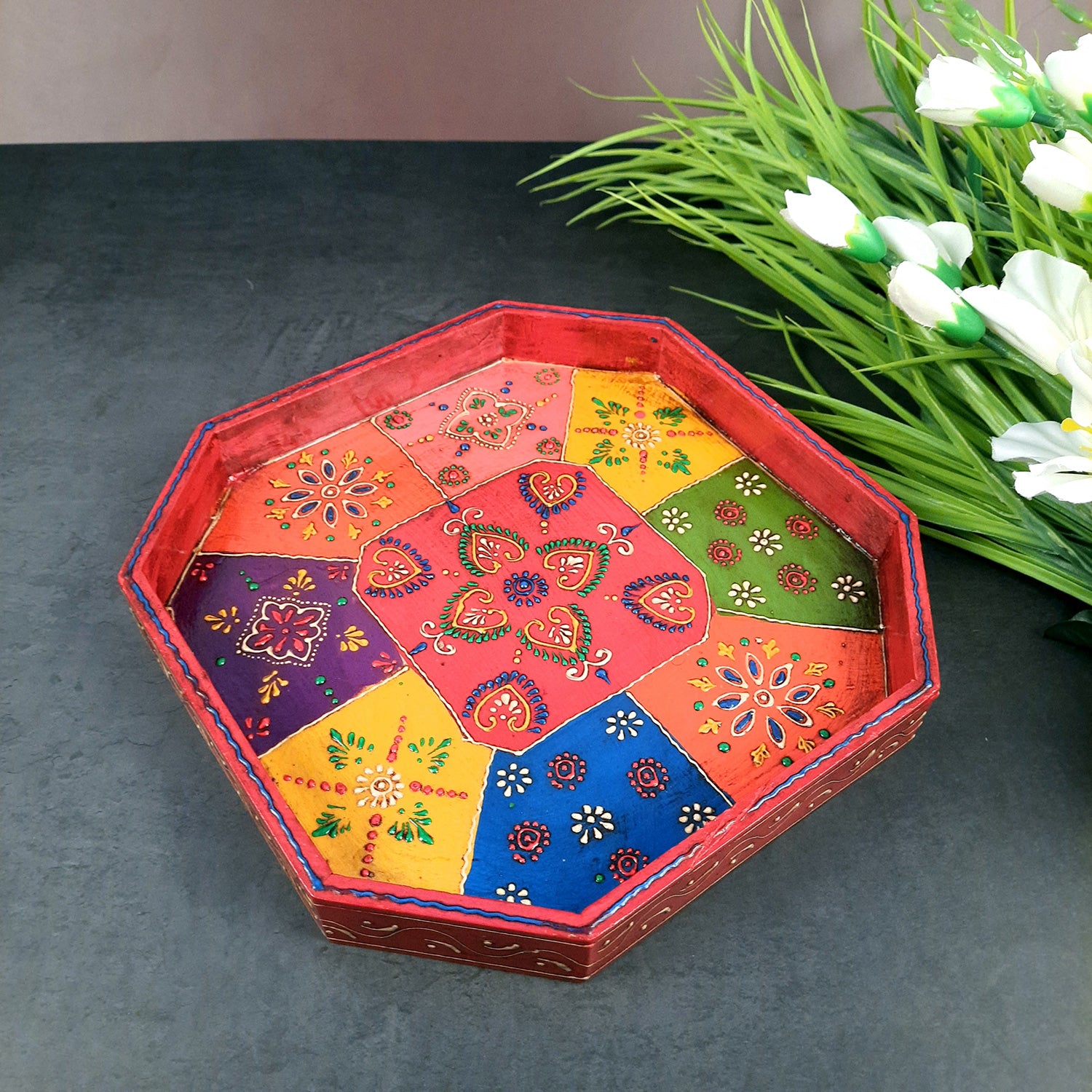 Tray Wooden | Tea & Snacks Serving Platter | Decorative Handcrafted Trays - for Home, Dining Table, Kitchen Decor | Wedding & Housewarming Gift - Apkamart
