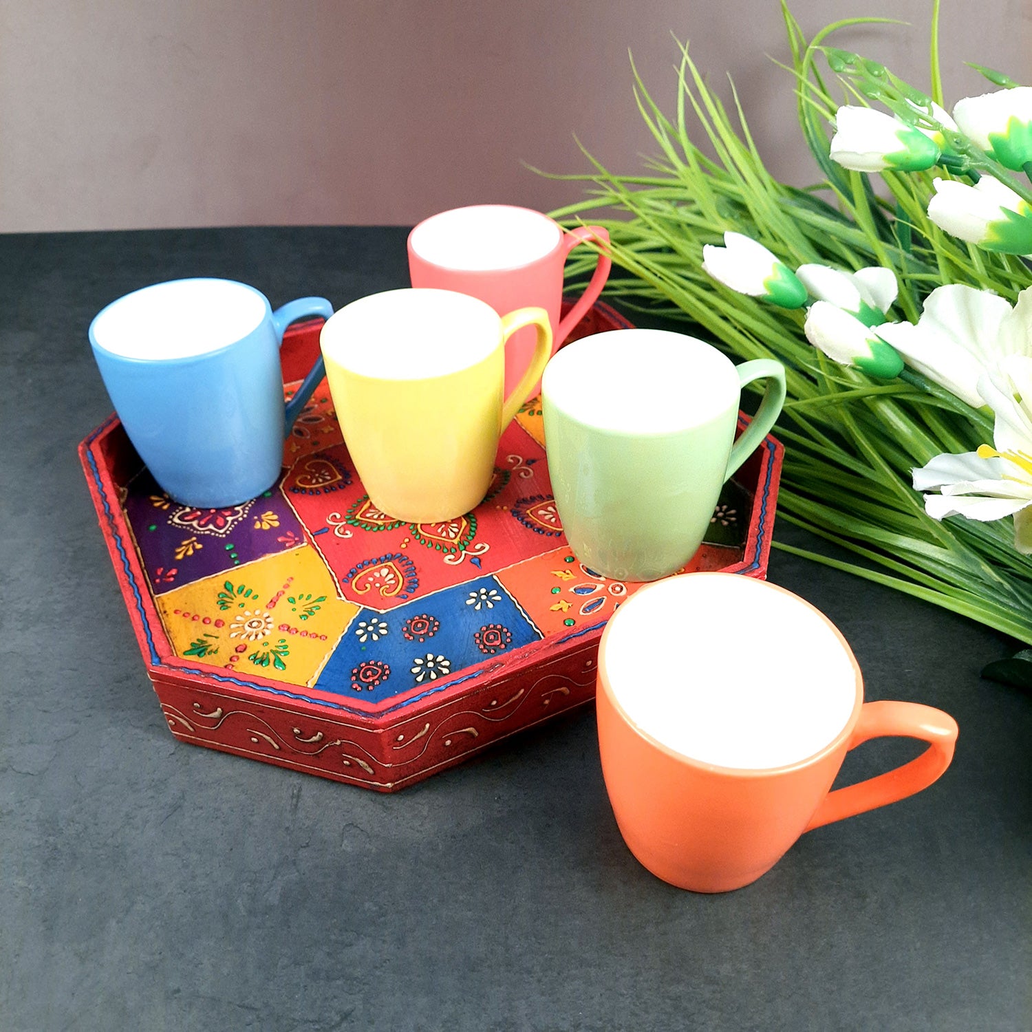 Tray Wooden | Tea & Snacks Serving Platter | Decorative Handcrafted Trays - for Home, Dining Table, Kitchen Decor | Wedding & Housewarming Gift - 9 Inch