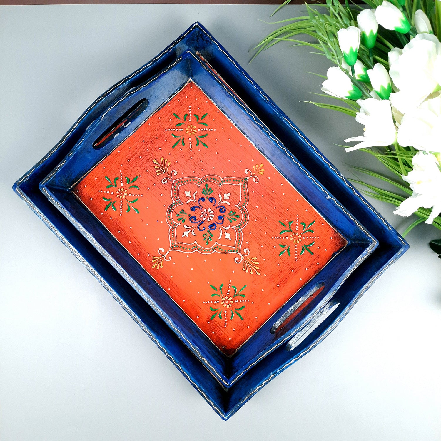 Wooden Tray | Serving Trays For Tea, Coffee & Snacks | Multipurpose Decorative Tray & Platters - For Home, Dining Table Organization, Kitchen & Gifts - Set of 2 - Apkamart