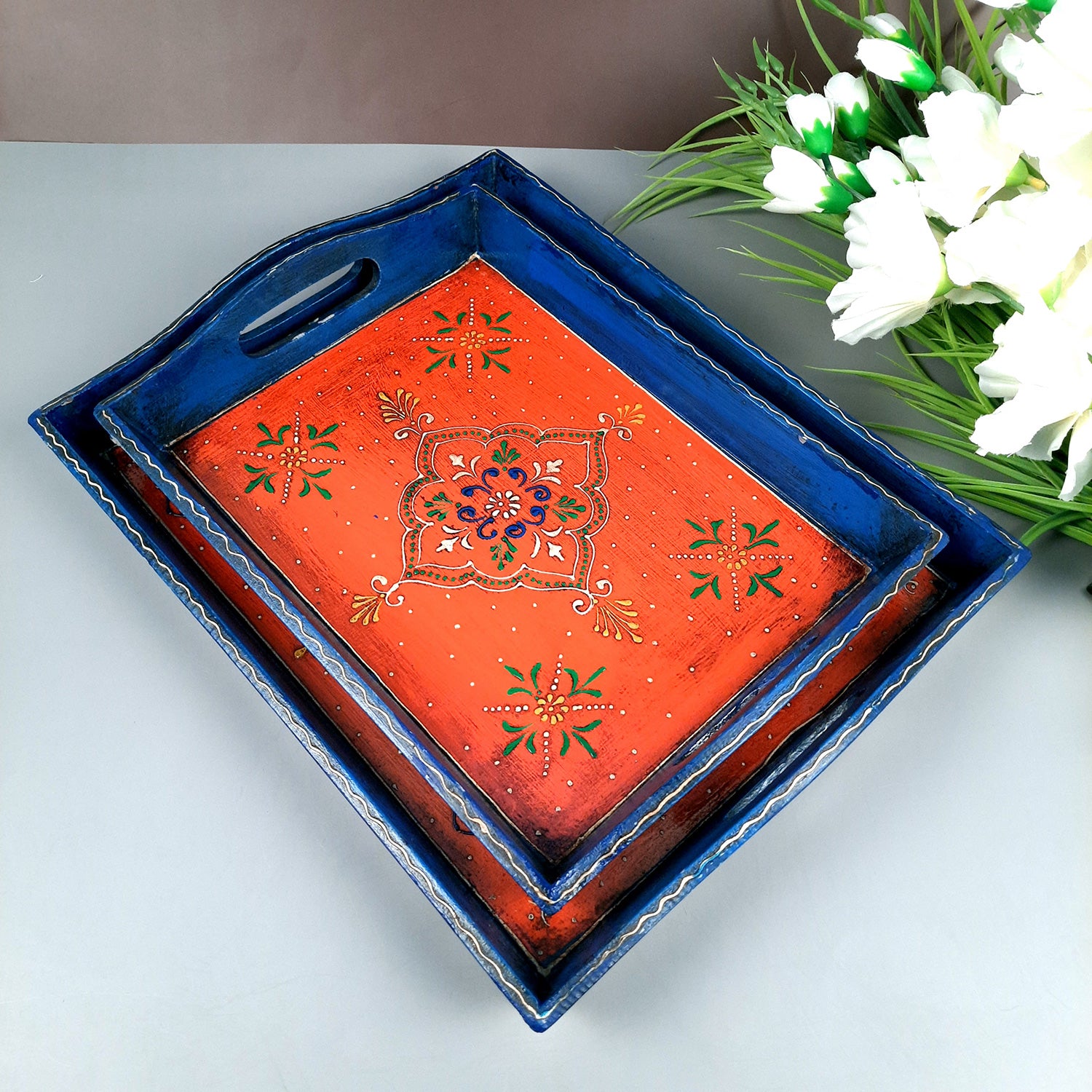 Wooden Tray | Serving Trays For Tea, Coffee & Snacks | Multipurpose Decorative Tray & Platters - For Home, Dining Table Organization, Kitchen & Gifts - Set of 2 - Apkamart