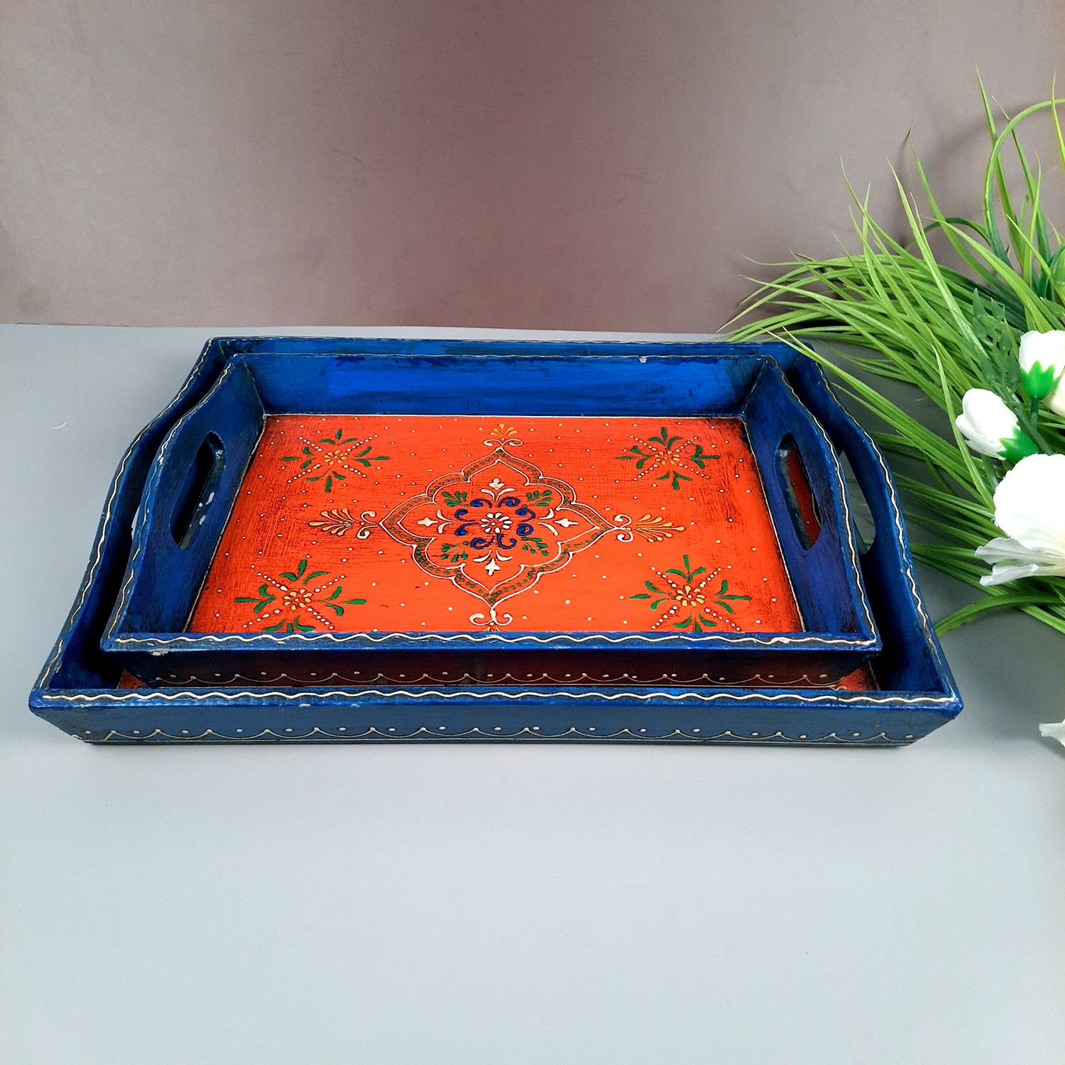 Wooden Tray | Serving Trays For Tea, Coffee & Snacks | Multipurpose Decorative Tray & Platters - For Home, Dining Table Organization, Kitchen & Gifts - Set of 2 - Apkamart