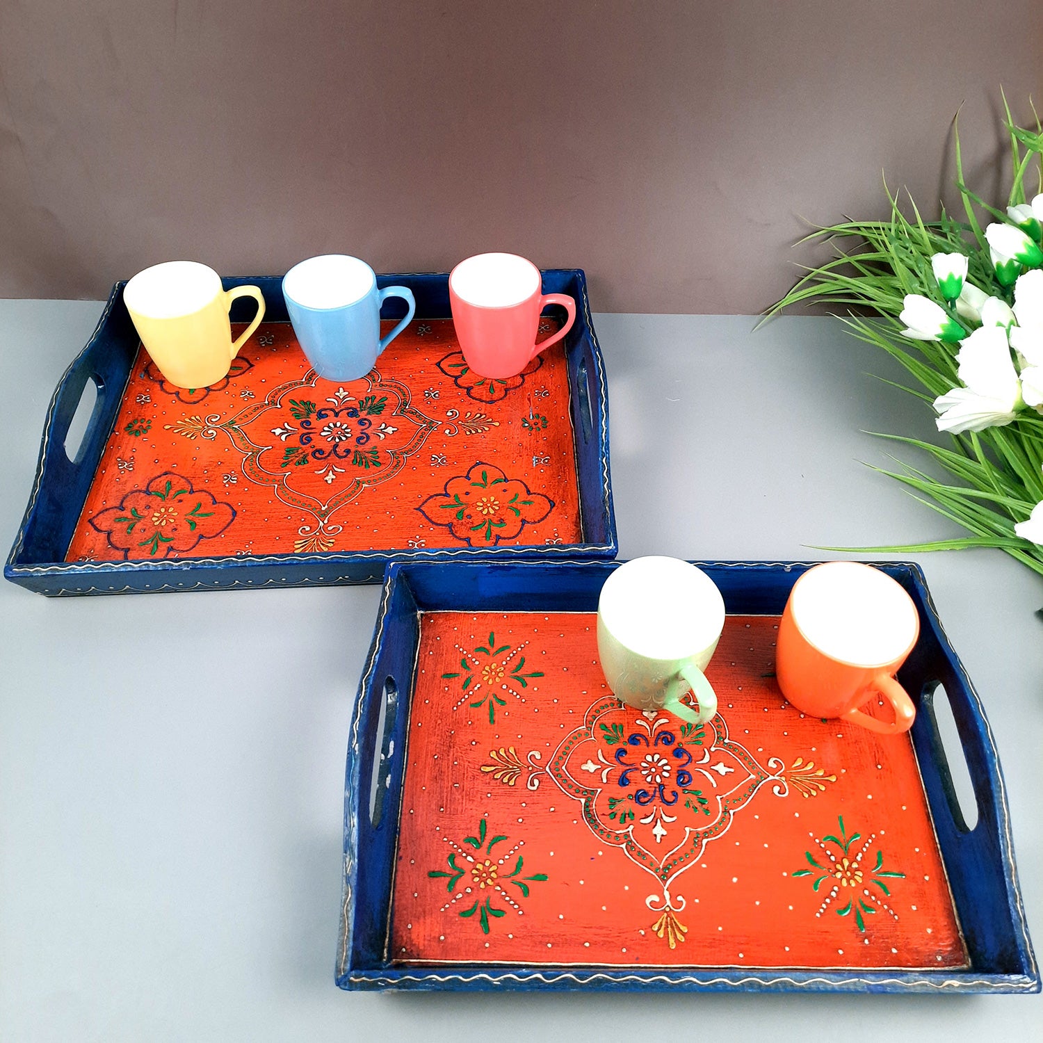 Wooden Tray | Serving Trays For Tea, Coffee & Snacks | Multipurpose Decorative Tray & Platters - For Home, Dining Table Organization, Kitchen & Gifts - Set of 2 - Apkamart