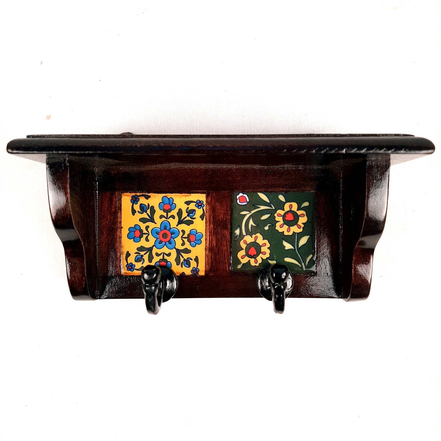 Wooden Shelf with Key Hooks Wall Hanging | Floating Shelf With Key Holder Stand - For Home, Entrance, Office Decor & Gifts - 7 Inch (2 Hooks) - Apkamart #color_dark brown