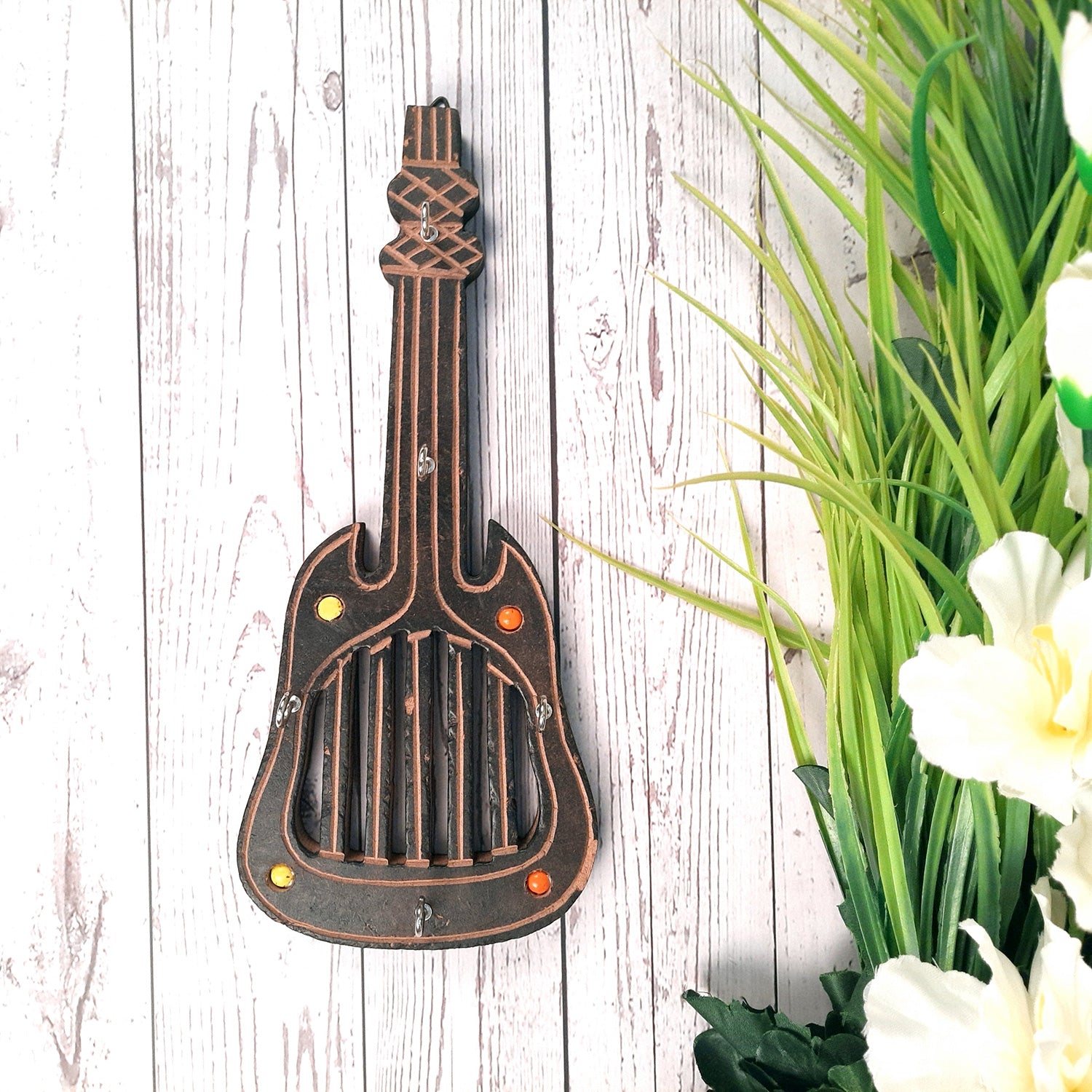 Key Holder Stands | Keys Hook Wall Hangers - Guitar Design | Wooden Keys Organizer - For Home, Entrance, Office Decor & Gifts -12 Inch (5 Hooks)