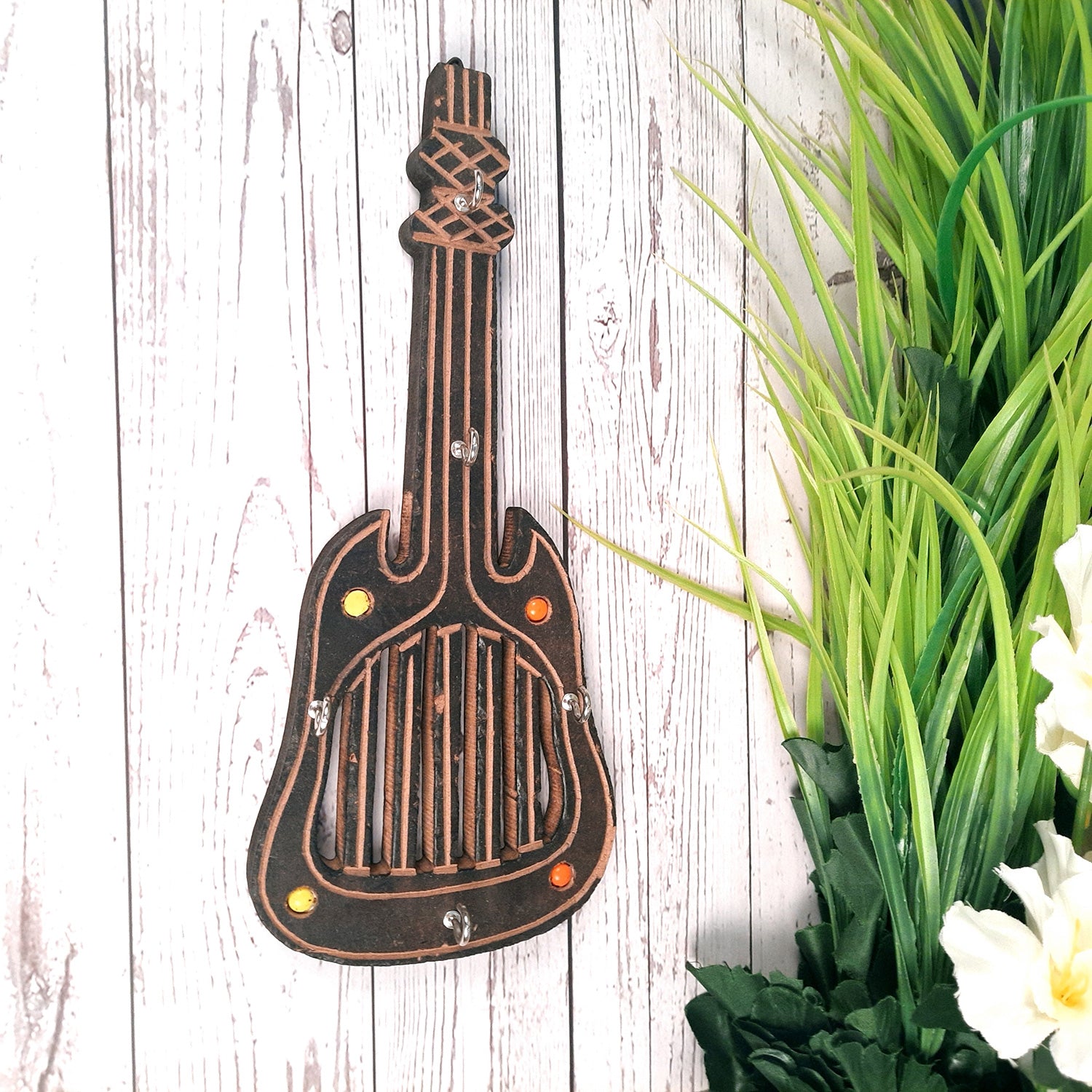 Key Holder Stands | Keys Hook Wall Hangers - Guitar Design | Wooden Keys Organizer - For Home, Entrance, Office Decor & Gifts -12 Inch (5 Hooks)