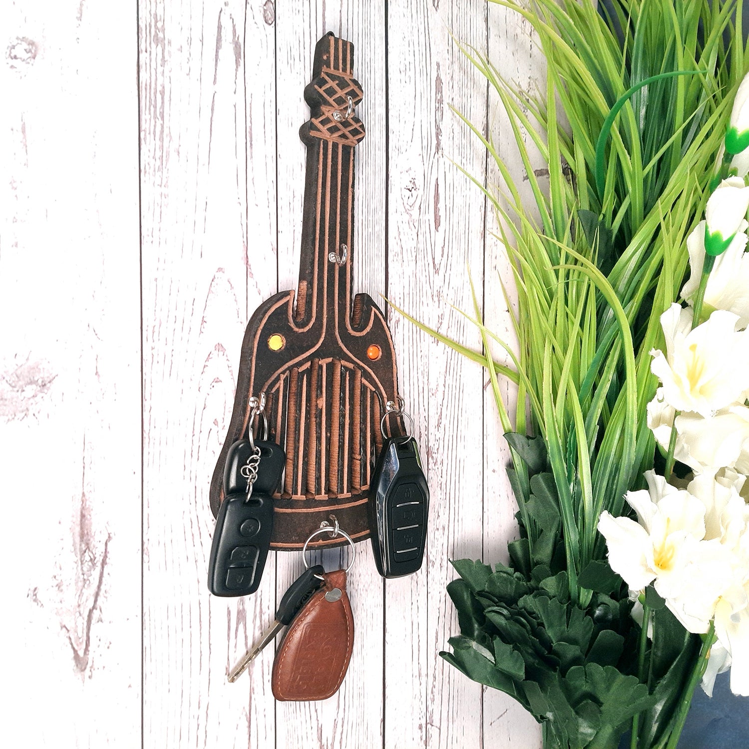 Key Holder Stands | Keys Hook Wall Hangers - Guitar Design | Wooden Keys Organizer - For Home, Entrance, Office Decor & Gifts -12 Inch (5 Hooks)