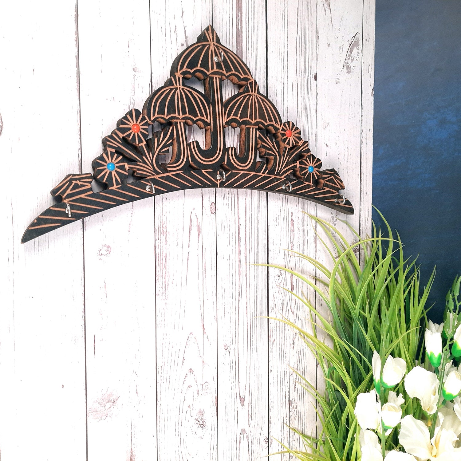 Key Holder Wall Hanging | Key Hook Stand - Umbrella Design | Wooden Keys Organizer - For Home, Entrance, Office Decor & Gifts -16 Inch (6 Hooks)