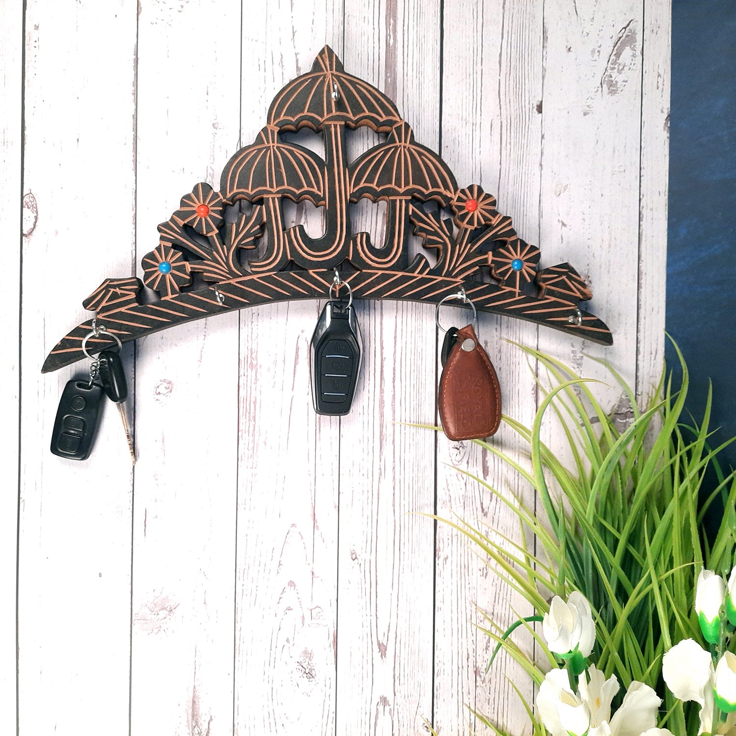 Key Holder Wall Hanging | Key Hook Stand - Umbrella Design | Wooden Keys Organizer - For Home, Entrance, Office Decor & Gifts -16 Inch (6 Hooks)