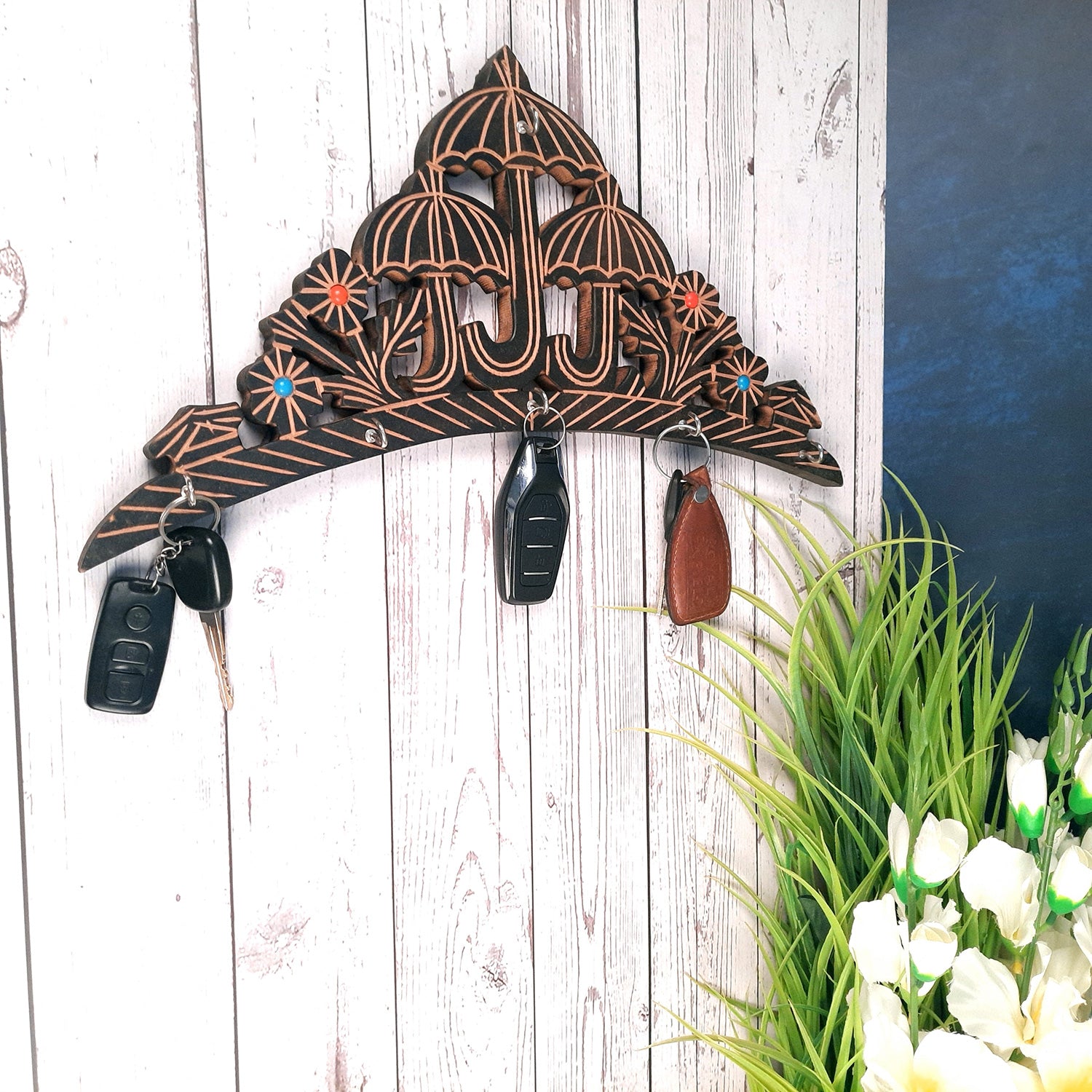 Key Holder Wall Hanging | Key Hook Stand - Umbrella Design | Wooden Keys Organizer - For Home, Entrance, Office Decor & Gifts -16 Inch (6 Hooks)