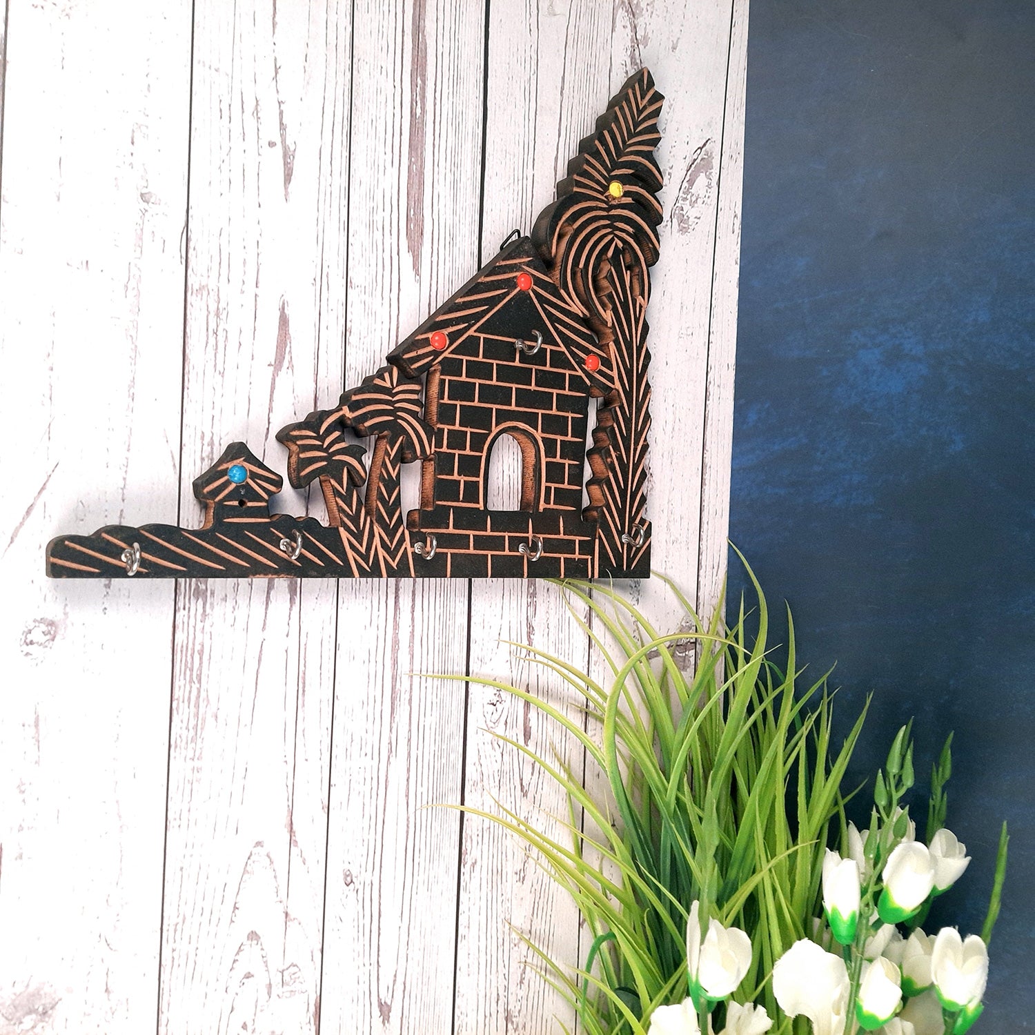 Key Holder Wall Hanging | Key Hook Stand - Hut Design | Wooden Keys Organizer - For Home, Entrance, Office Decor & Gifts -12 Inch (6 Hooks)
