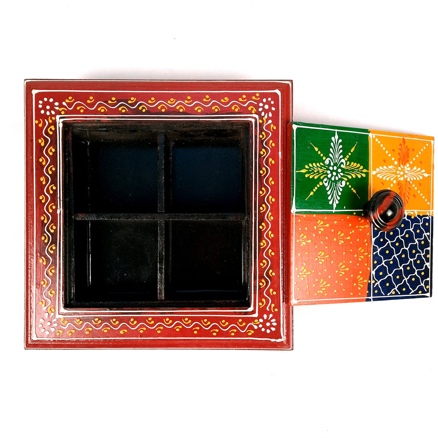 Wooden Dry Fruit Box with Lid | Mukhwas Bowl With Four Compartments | Spice Box | Snack Storage Container - For Kitchen, Home, & Dining Table Decor & Gifts - 8 Inch - Apkamart #Color_Red