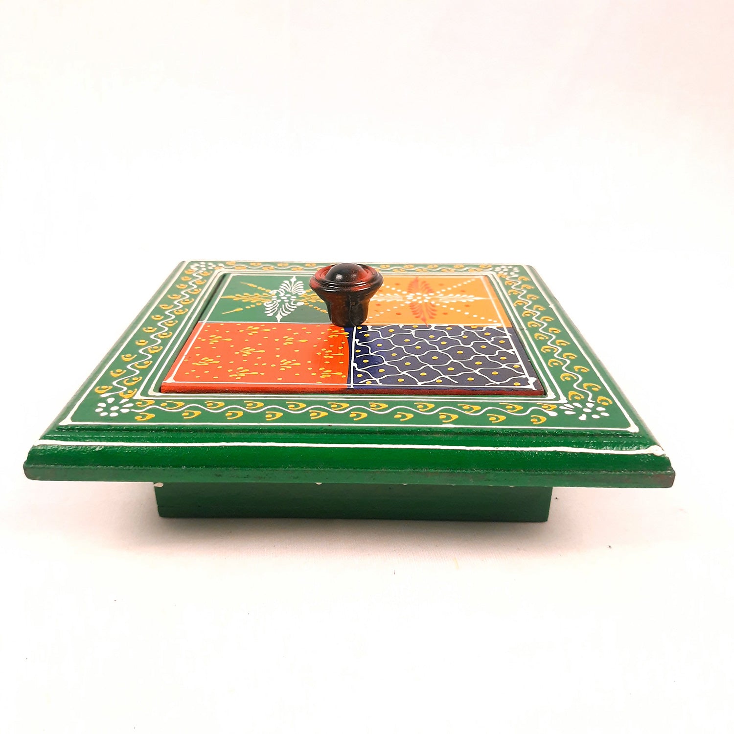 Wooden Dry Fruit Box with Lid | Mukhwas Bowl With Four Compartments | Spice Box | Snack Storage Container - For Kitchen, Home, & Dining Table Decor & Gifts - 8 Inch - Apkamart #Color_Green