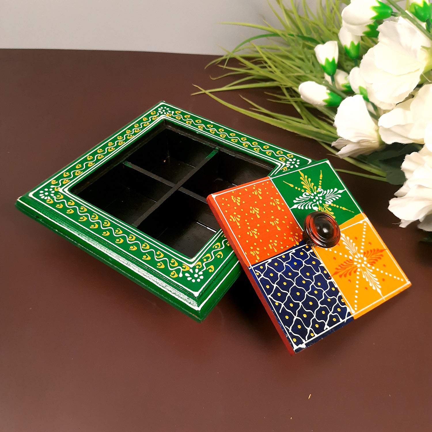 Wooden Dry Fruit Box with Lid | Mukhwas Bowl With Four Compartments | Spice Box | Snack Storage Container - For Kitchen, Home, & Dining Table Decor & Gifts - 8 Inch - Apkamart #Color_Green