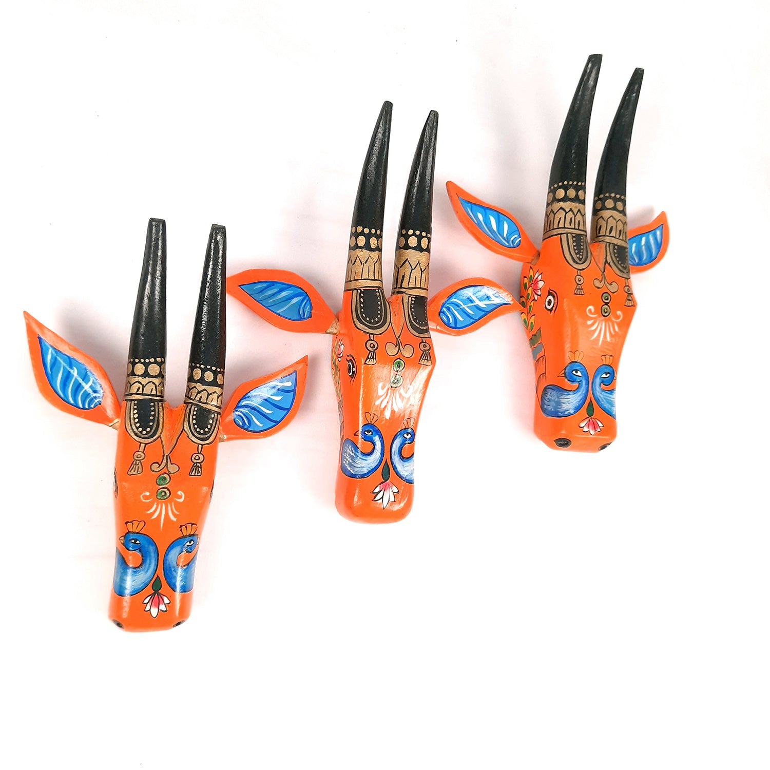 Wooden Cow Face Wall Hanging | Nandi Bull Head Wall Decor With Detachable Ears | Vintage Decor - For Home, Living Room, Entrance, Puja Room Decoration & Gifts ( Set of 3) - apkamart #color_Orange