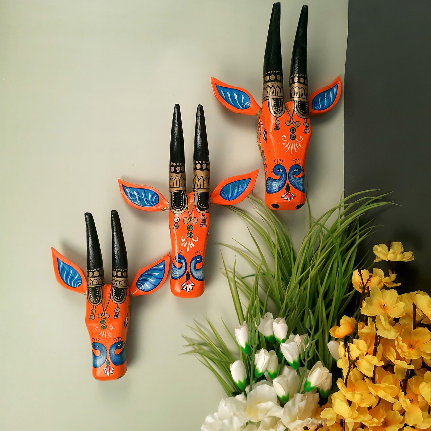 Wooden Cow Face Wall Hanging | Nandi Bull Head Wall Decor With Detachable Ears | Vintage Decor - For Home, Living Room, Entrance, Puja Room Decoration & Gifts ( Set of 3) - apkamart #color_Orange