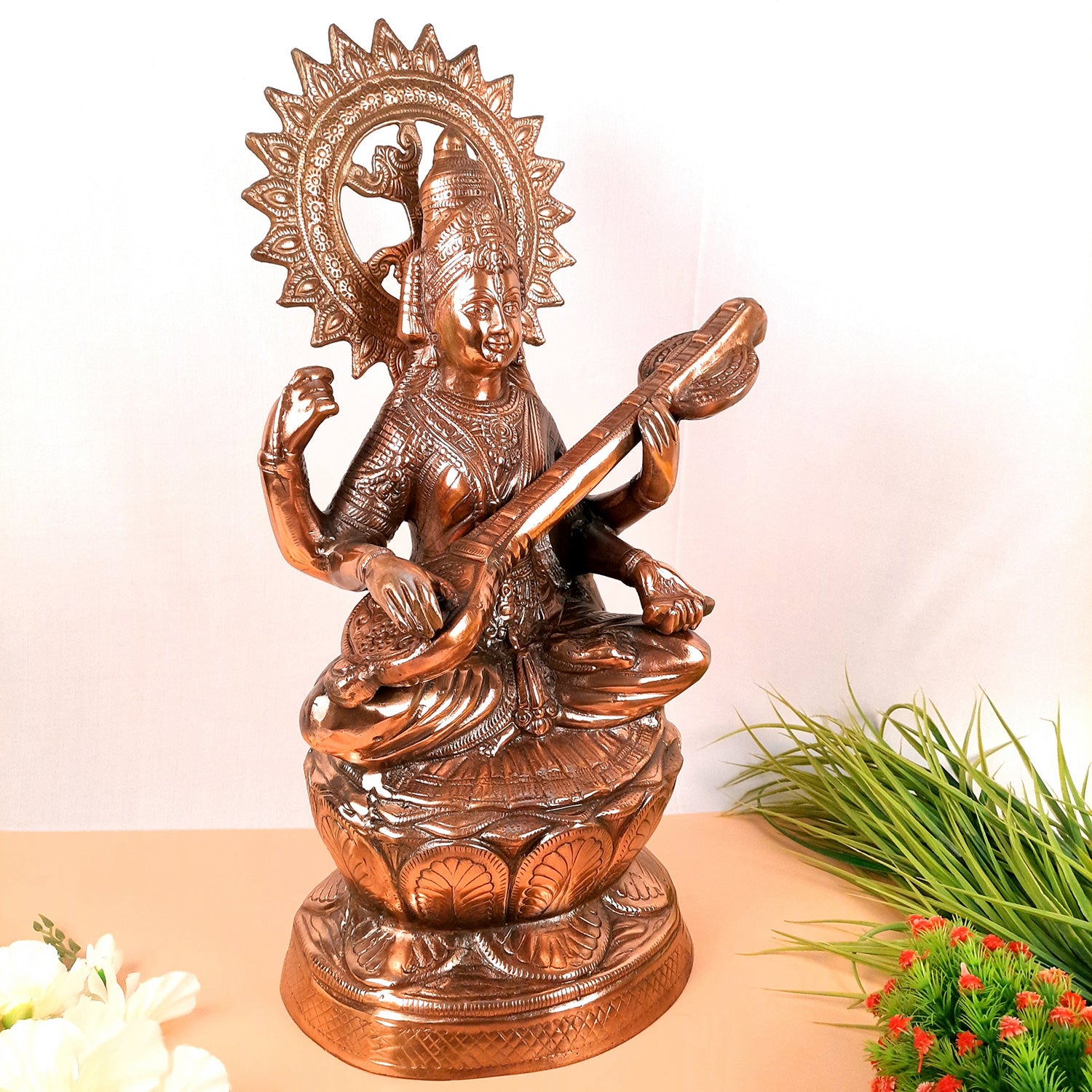Saraswati Statue Murti | Maa Sarasvati Decor Statue | Religious & Spiritual Wall Art - for Puja, Home, Entrance & Living Room - 25 inch - Apkamart