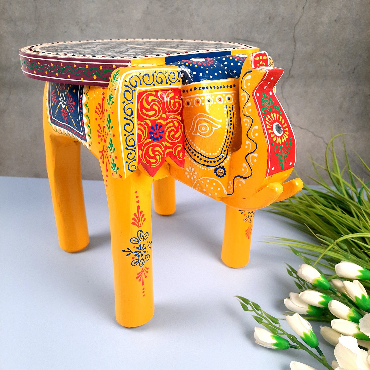 End Tables - Elephant Design | Wooden Side Table for Keeping Lamp, Vases & Plants | Small Stools - for Bedside, Home Decor, Corners, Sofa Side Stool, Office & Gifts - 12 Inch - apkamart #color_Yellow