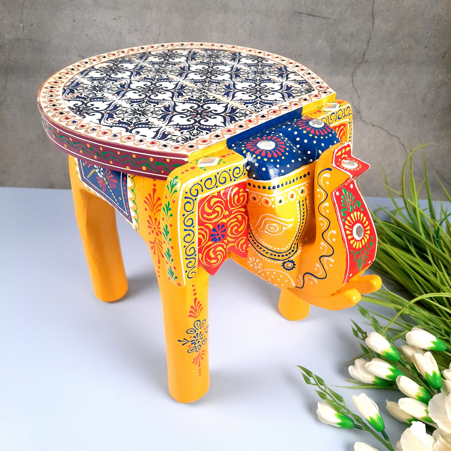 End Tables - Elephant Design | Wooden Side Table for Keeping Lamp, Vases & Plants | Small Stools - for Bedside, Home Decor, Corners, Sofa Side Stool, Office & Gifts - 12 Inch - apkamart #color_Yellow