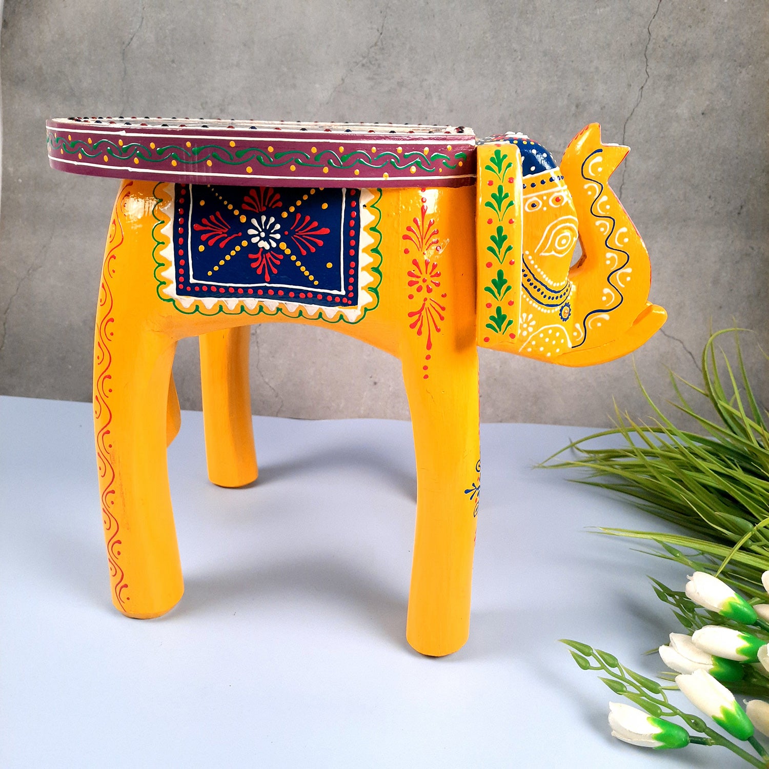 End Tables - Elephant Design | Wooden Side Table for Keeping Lamp, Vases & Plants | Small Stools - for Bedside, Home Decor, Corners, Sofa Side Stool, Office & Gifts - 12 Inch - apkamart #color_Yellow