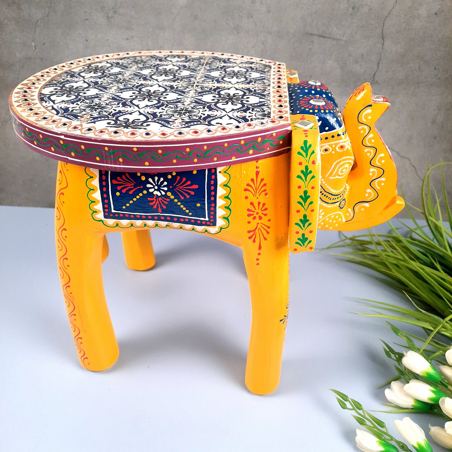 End Tables - Elephant Design | Wooden Side Table for Keeping Lamp, Vases & Plants | Small Stools - for Bedside, Home Decor, Corners, Sofa Side Stool, Office & Gifts - 12 Inch - apkamart #color_Yellow