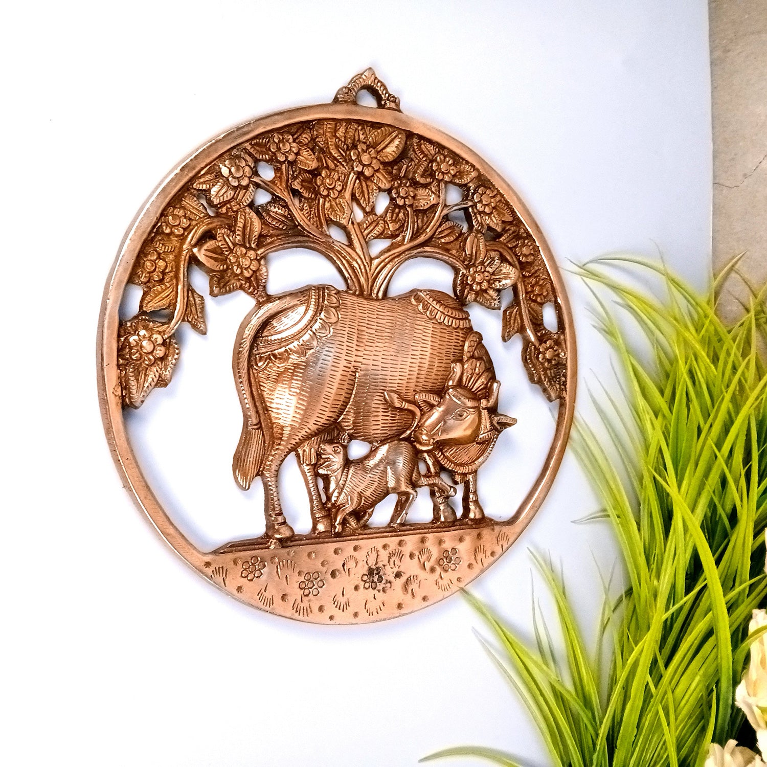 Kamdhenu Cow with Calf Wall Hanging | Mother Cow Feeding Calf - for Home, Living Room, Office, Puja Decor | Gift For Expecting Mothers - 13 Inch - Apkamart