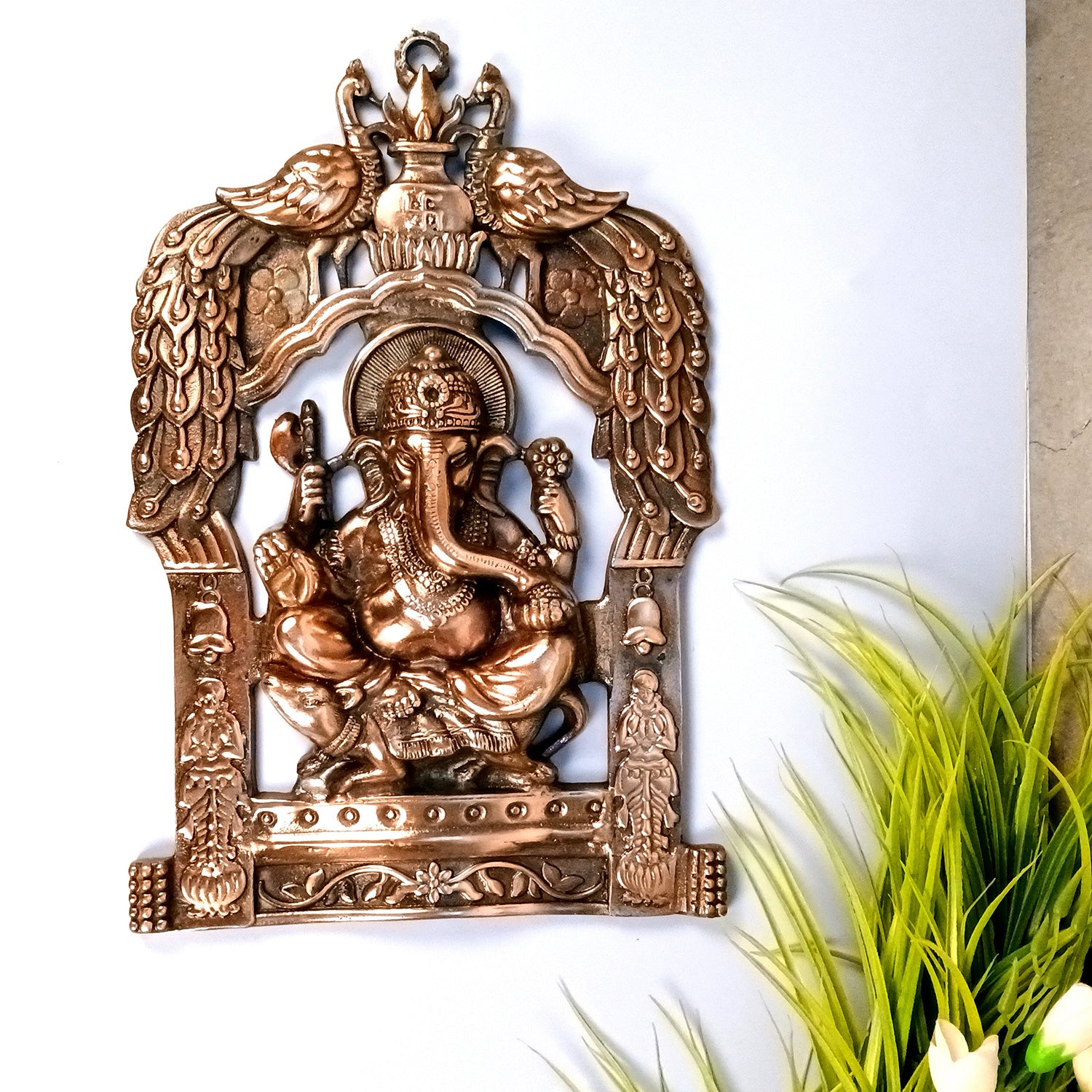 Ganesh Wall Hanging Idol | Lord Ganesha With Peacock Wall Statue Decor | Religious & Spiritual Wall Art - For Puja, Home & Entrance Living Room & Gift - 16 Inch - Apkamart