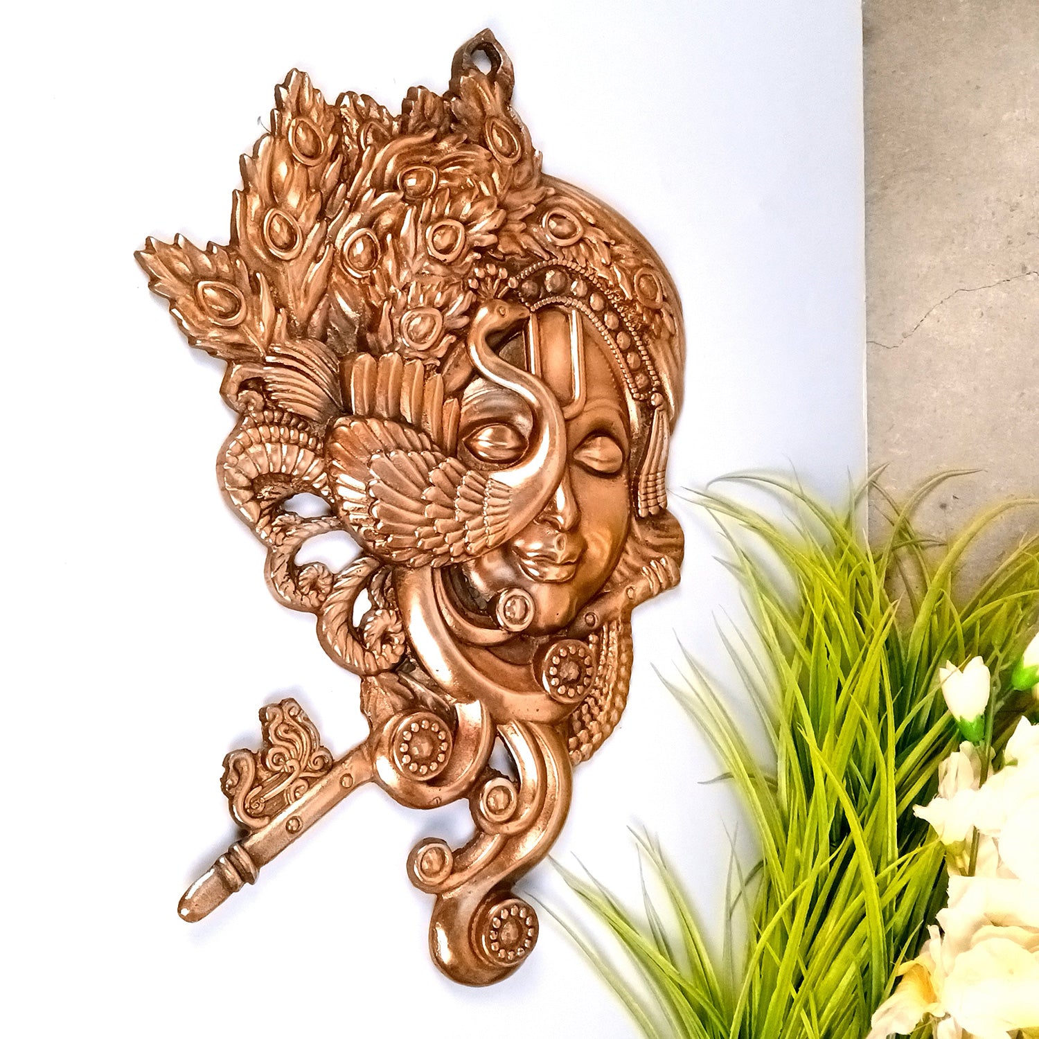 Krishna Wall Hanging Idol | Krishna With Peacock & Flute / Bansuri Wall Decor - for Home, Living Room, Office, Puja, Entrance Decoration & Gift - 20 Inch - Apkamart