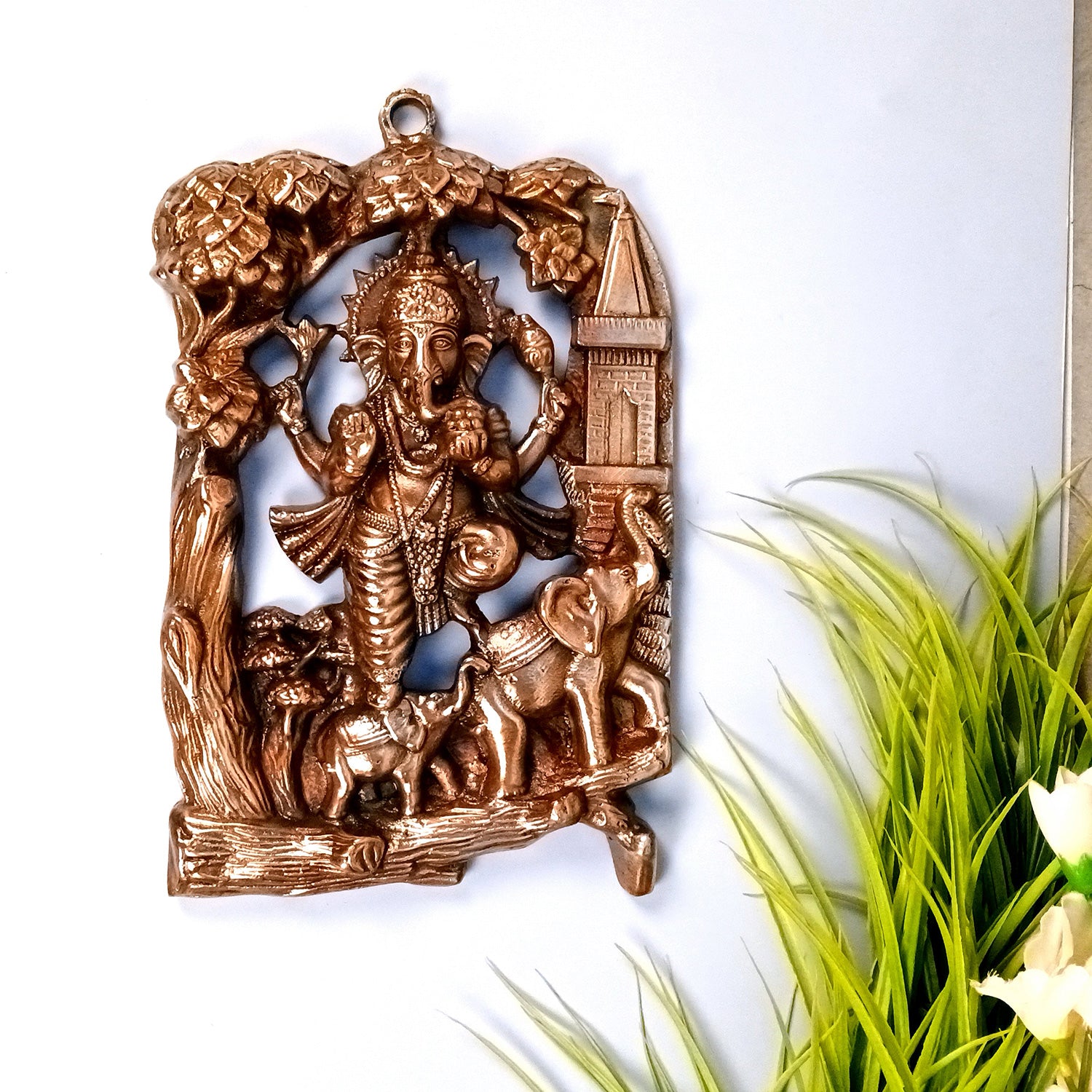 Ganesha Wall Hanging Idol | Lord Ganesh Standing on Elephants / Khade Ganesh Ji Wall Statue Decor - For Puja, Home & Entrance Living Room & Gift - 13 Inch - Apkamart