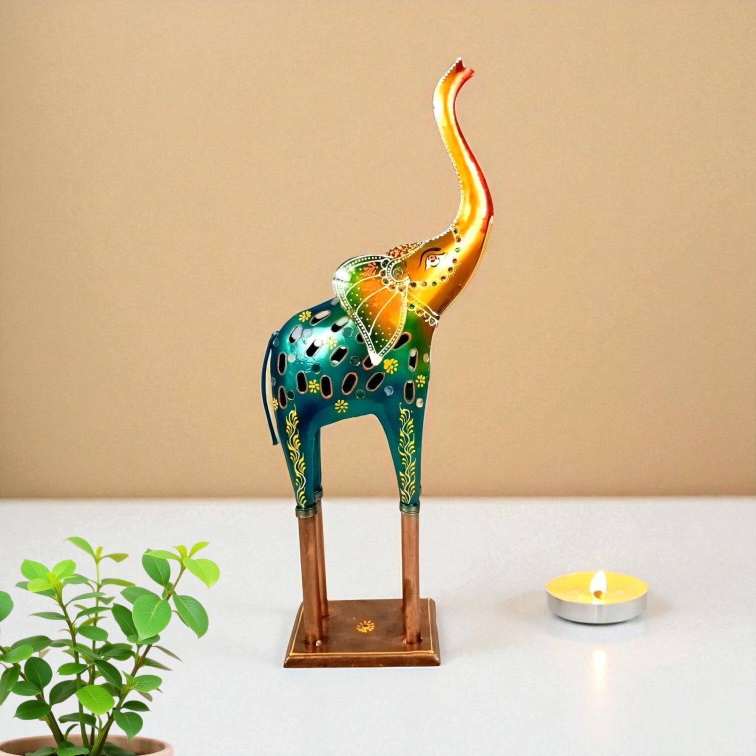 Elephant Showpiece & Candle Holder| Decorative Iron Elephant Figurine for Home, Living Room & Office | Handcrafted Elephant Statue for Table, Shelf & Gifting - 24 Inch - Apkamart