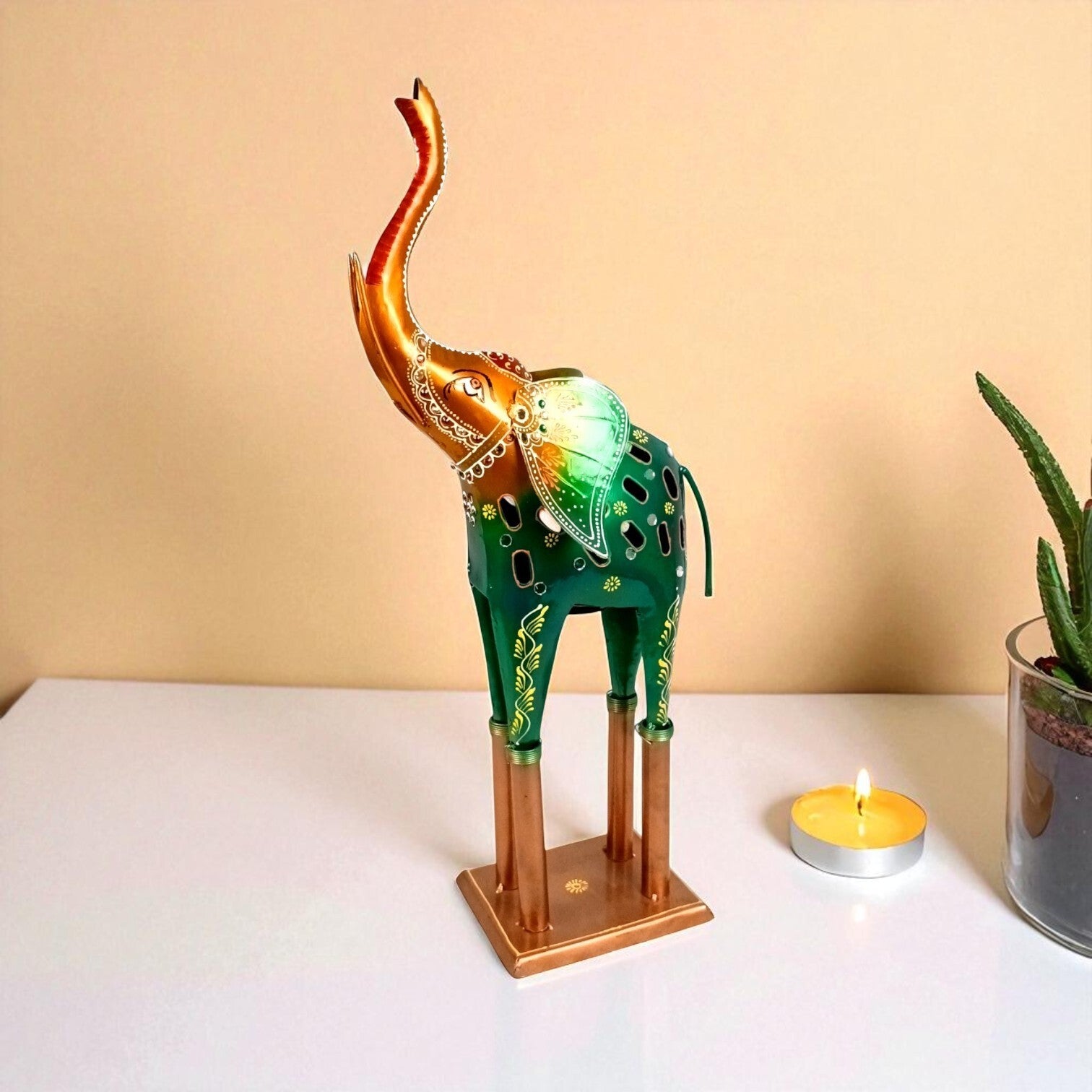 Elephant Showpiece Candle Holder| Decorative Elephant Figurine for Home, Living Room & Office | Handcrafted Elephant Statue for Table, Shelf & Gifting - 21 Inch - Apkamart