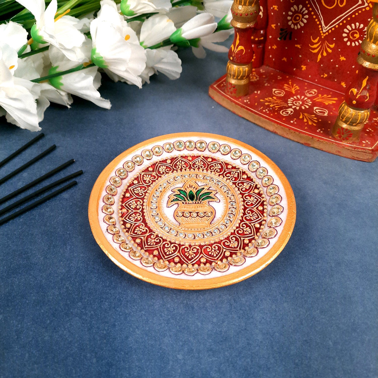 Marble Pooja Plate | Aarti Thali - Heavy Kalash Design - For Pooja, Weddings & Festivals - Apkamart