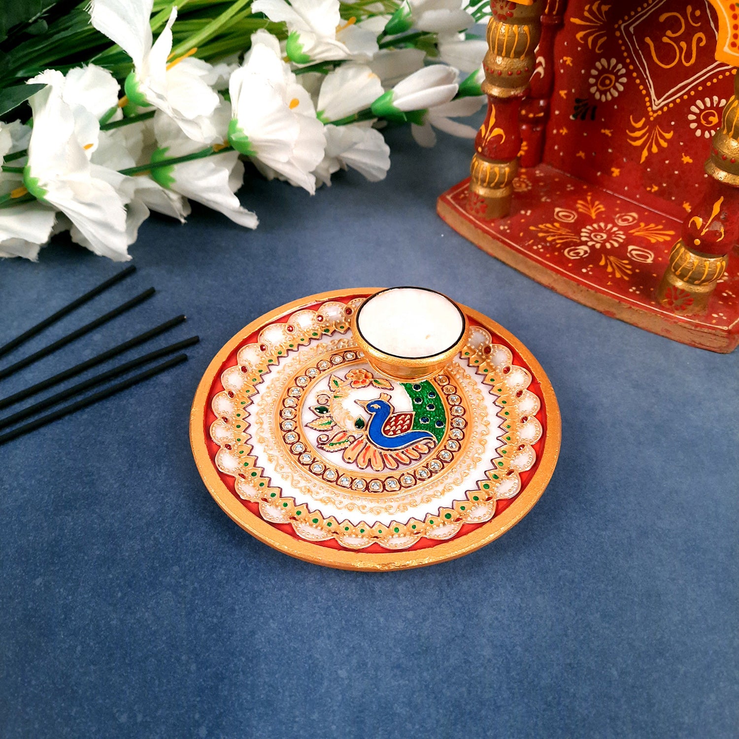 Marble Pooja Thali With Diya | Aarti Thali - Heavy Peacock Design - For Pooja, Weddings & Festivals - 6 Inch - Apkamart