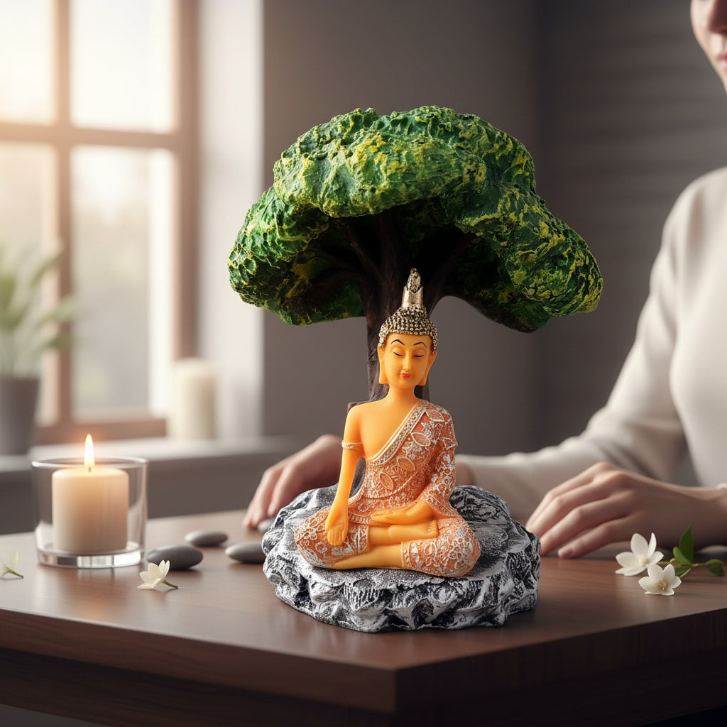 Buddha Statue | Lord Gautam Buddha in Meditation Under Tree Idol Showpiece - For Living room, Home, Table, Shelf, Office Decor & Gift - 9 Inch - Apkamart