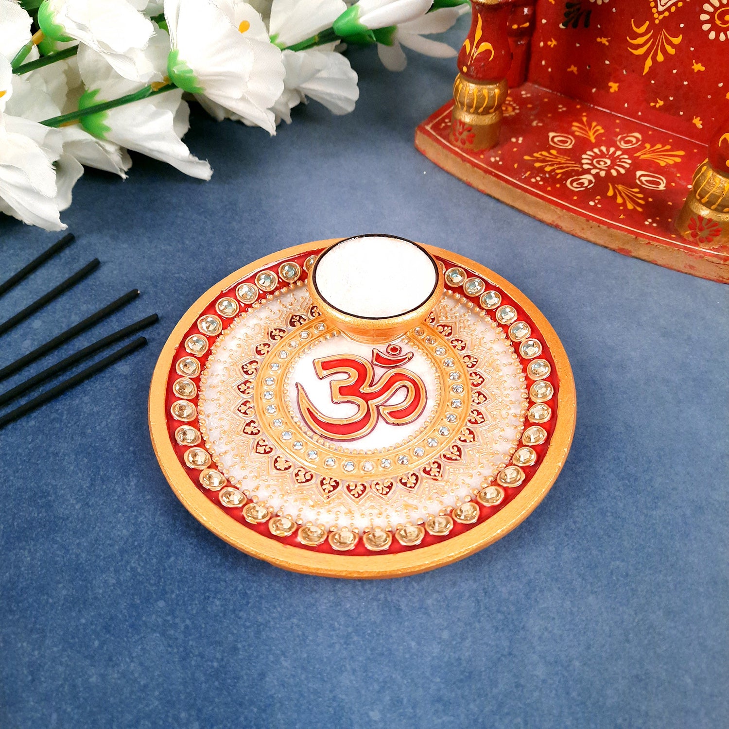 Puja Plate with Diya |Marble Pooja Thali With Heavy Om Design - For Pooja, weddings & Festivals - 6 Inch - Apkamart #Style_Design 1