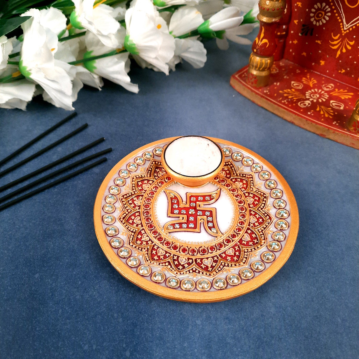 Marble Puja Thali with Diya | Pooja Plate With Swastik Design - For Rakhi, Diwali & Karwa Chauth - 6 Inch - Apkamart