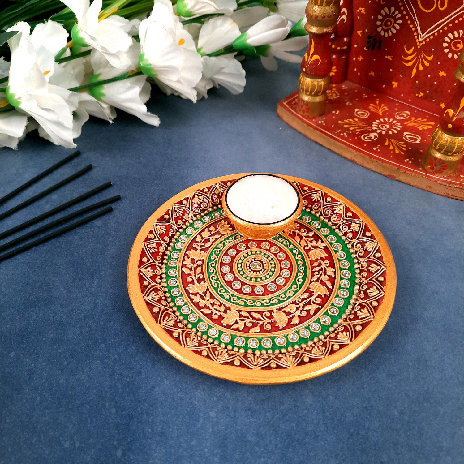 Marble Puja Thali With Diya - Heavy Design - For Pooja, Karwachauth & Festivals - 6 Inch - Apkamart