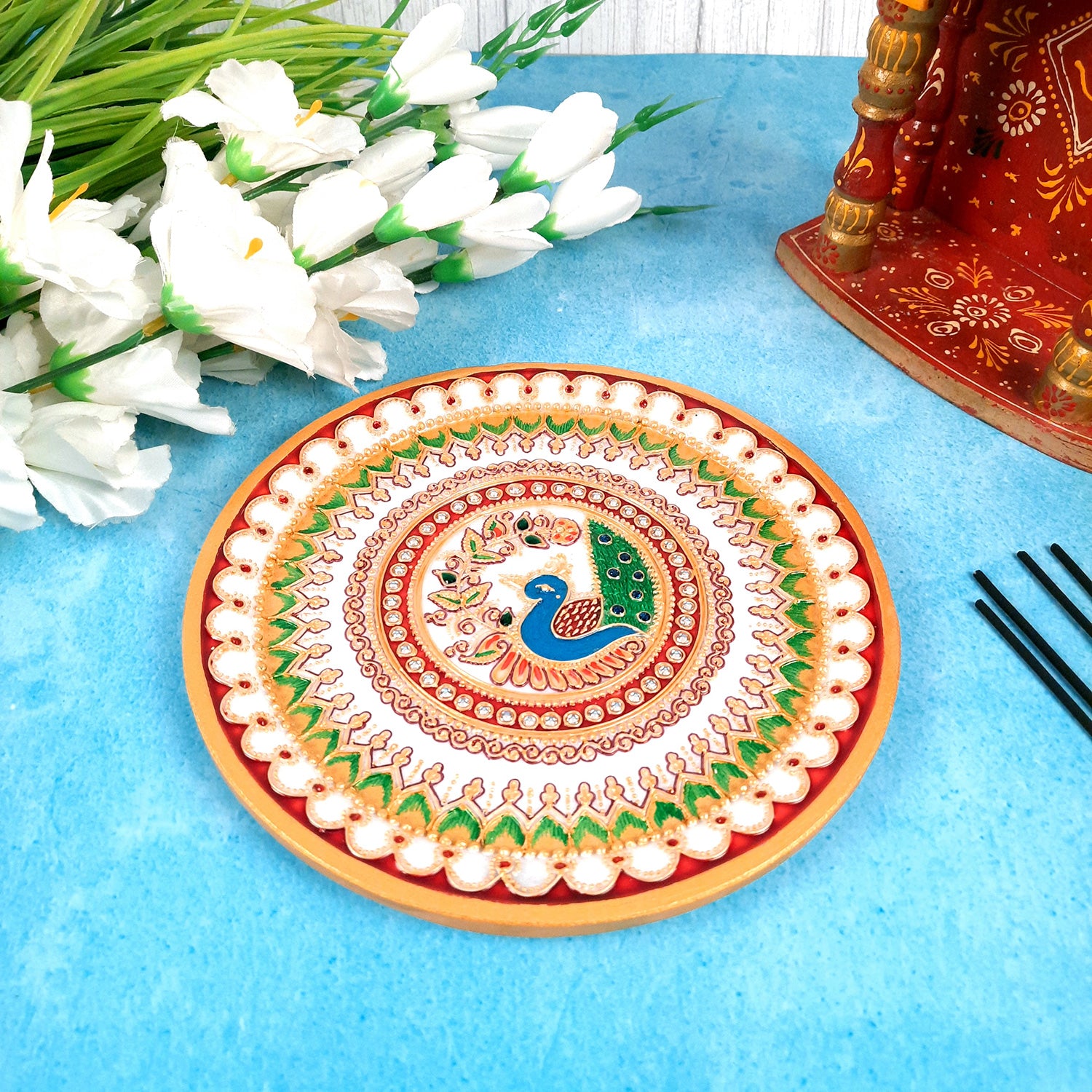 Marble Pooja Thali - Heavy Peacock Design - For Aarti, Puja, Weddings & Festivals - 9 Inch - Apkamart