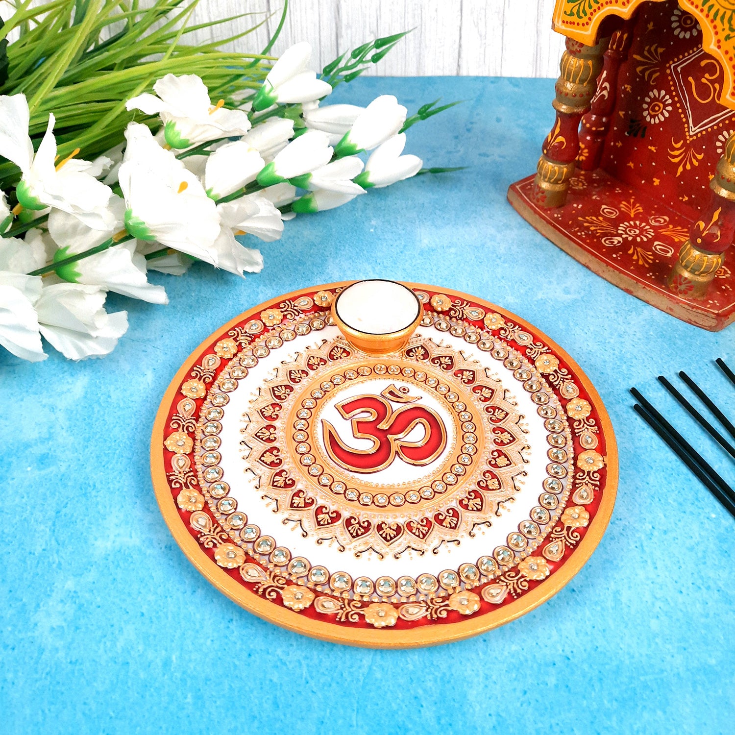 Marble Pooja Plate With Diya | Aarti Thali - Om Heavy Design - For Pooja, Weddings & Festivals - Apkamart