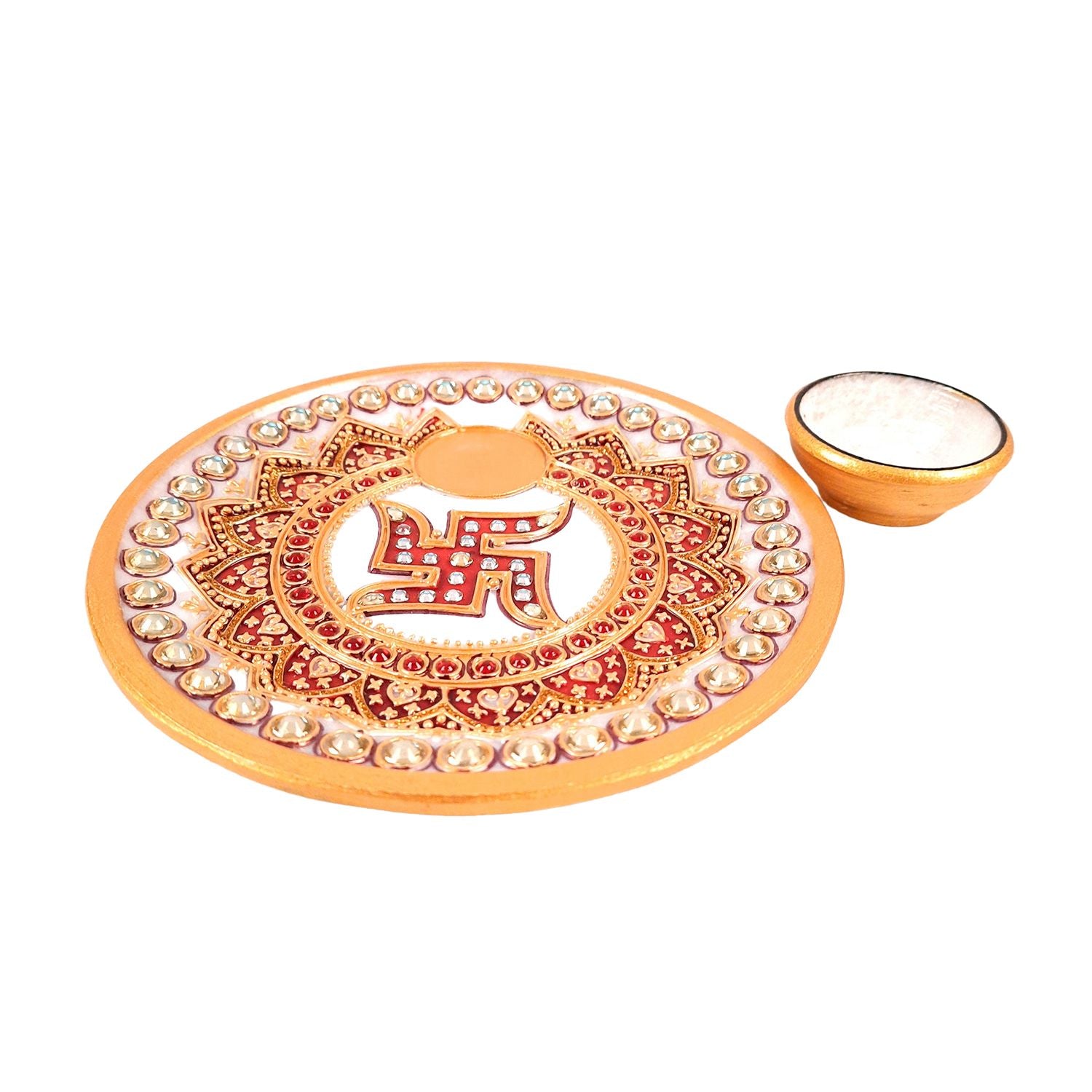 Marble Puja Thali with Diya | Pooja Plate With Swastik Design - For Rakhi, Diwali & Karwa Chauth - 6 Inch - Apkamart