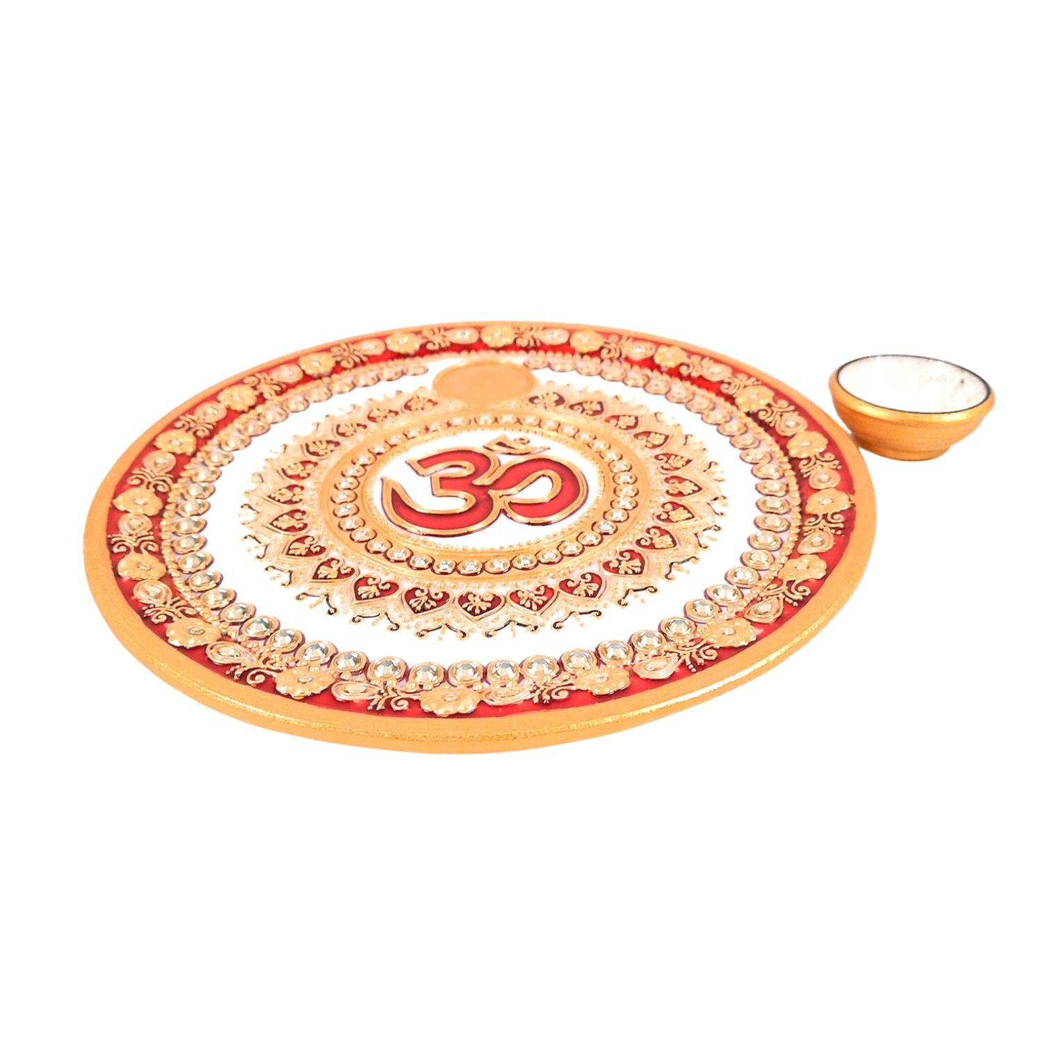 Marble Pooja Plate With Diya | Aarti Thali - Om Heavy Design - For Pooja, Weddings & Festivals - Apkamart