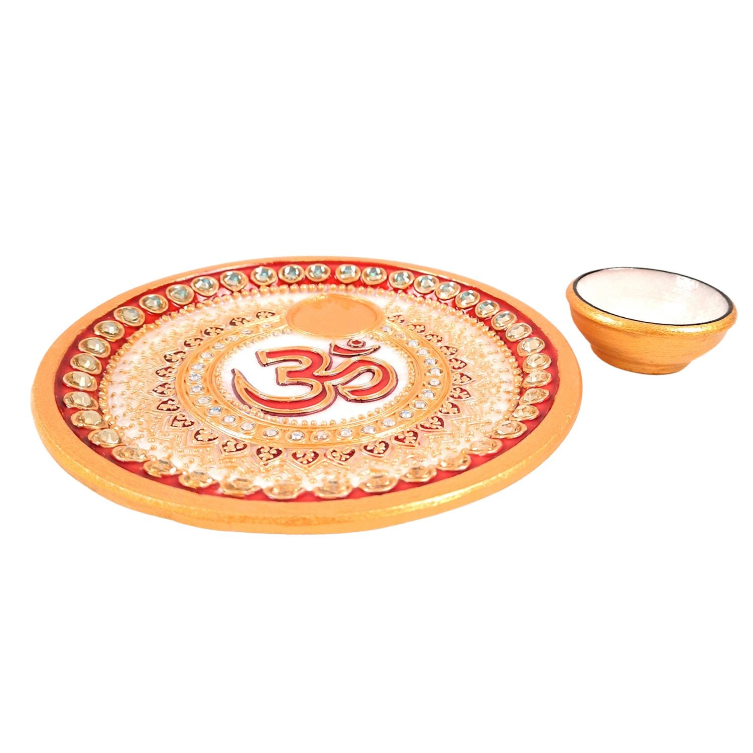 Puja Plate with Diya |Marble Pooja Thali With Heavy Om Design - For Pooja, weddings & Festivals - 6 Inch - Apkamart #Style_Design 1