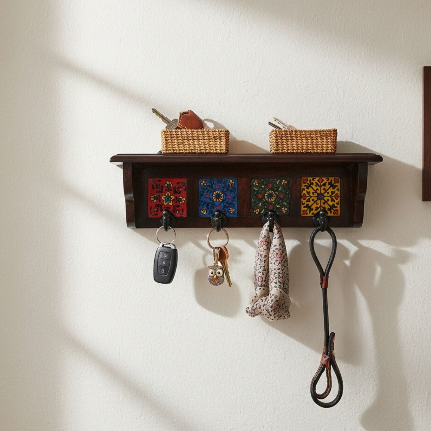 Wooden Floating Shelf With Key Holder Hooks 4 Hooks - 12 Inch