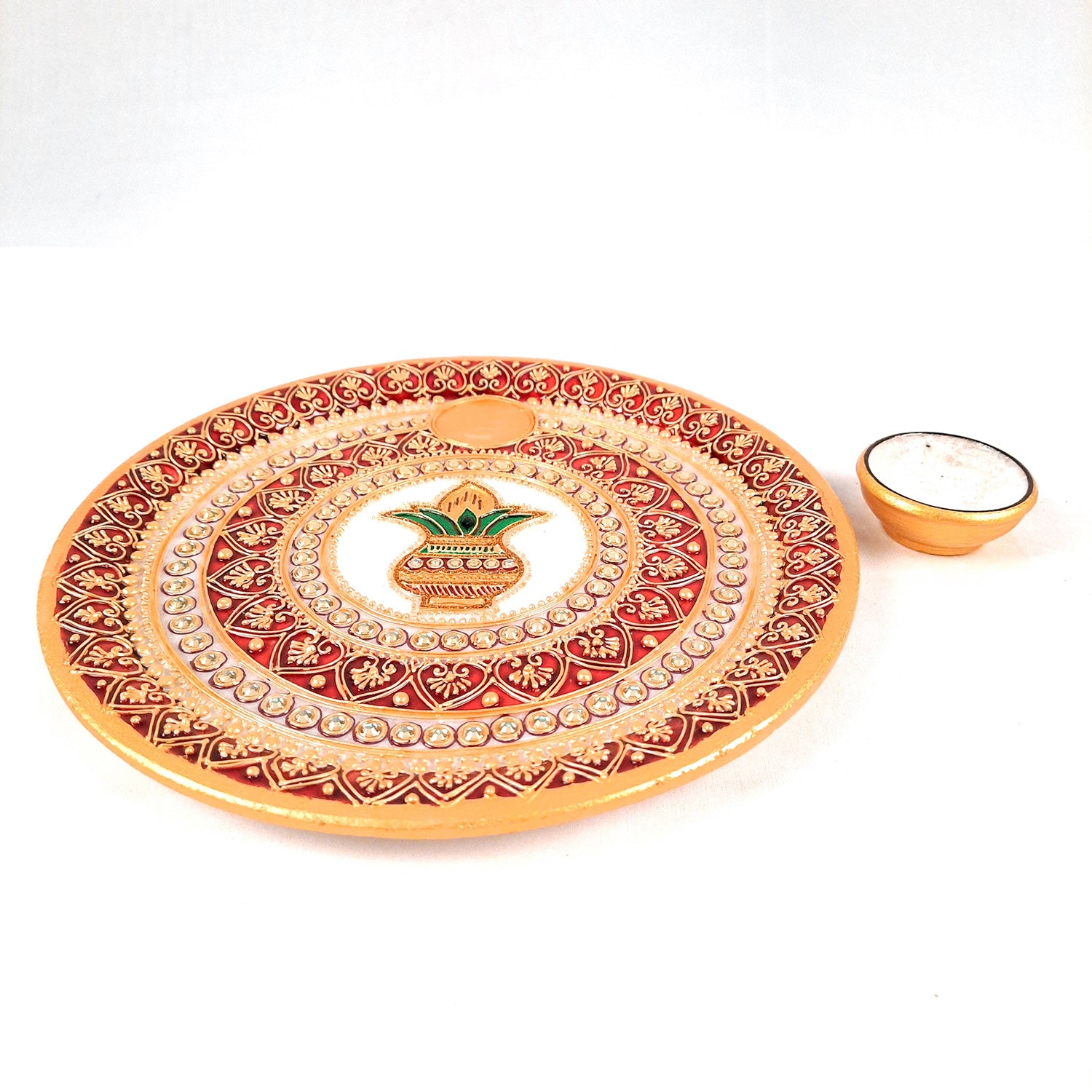 Marble Pooja Plate With Diya | Aarti Thali - Heavy Kalash Design - For Pooja, Weddings & Festivals - 9 Inch - Apkamart